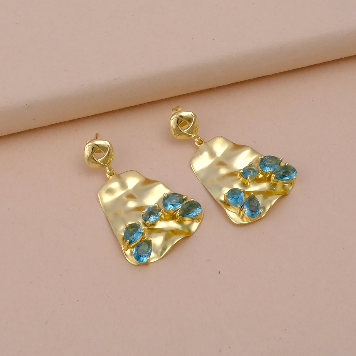 Dainty Topaz Drop Earrings, Hammered Texture Prong Set Gemstone Dangle Drop Pairs, Fancy Shape Gold Plated Dangling Jewelry, Women Jewelry. S