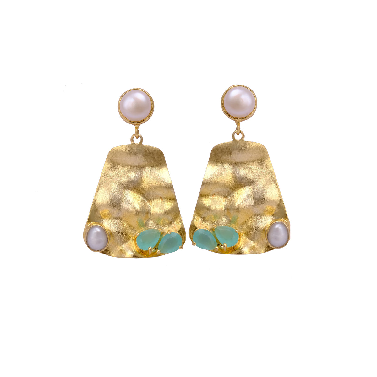Gold Textured Statement Earrings in Hammered Gold with Pearl & Aqua Chalcedony Accents, Prong Set Dangle Stud Earrings, Gift For Her. S