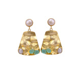 Gold Textured Statement Earrings in Hammered Gold with Pearl & Aqua Chalcedony Accents, Prong Set Dangle Stud Earrings, Gift For Her. S