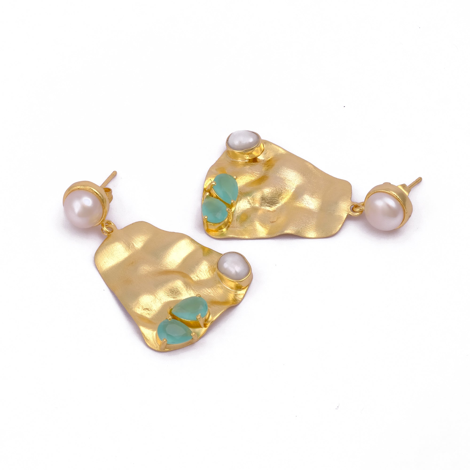 Gold Textured Statement Earrings in Hammered Gold with Pearl & Aqua Chalcedony Accents, Prong Set Dangle Stud Earrings, Gift For Her. S