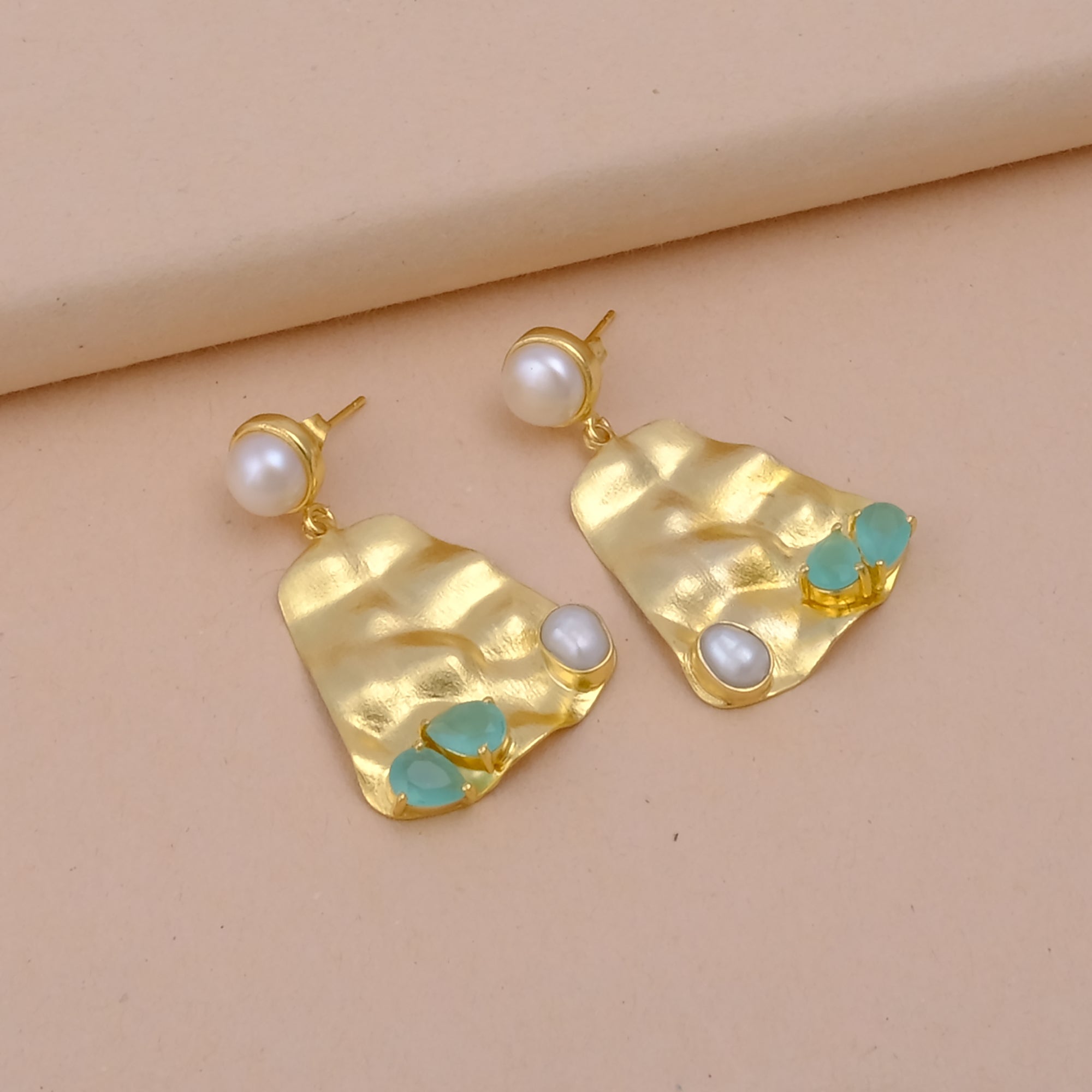 Gold Textured Statement Earrings in Hammered Gold with Pearl & Aqua Chalcedony Accents, Prong Set Dangle Stud Earrings, Gift For Her. S