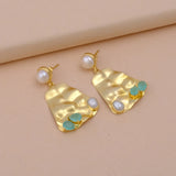 Gold Textured Statement Earrings in Hammered Gold with Pearl & Aqua Chalcedony Accents, Prong Set Dangle Stud Earrings, Gift For Her. S