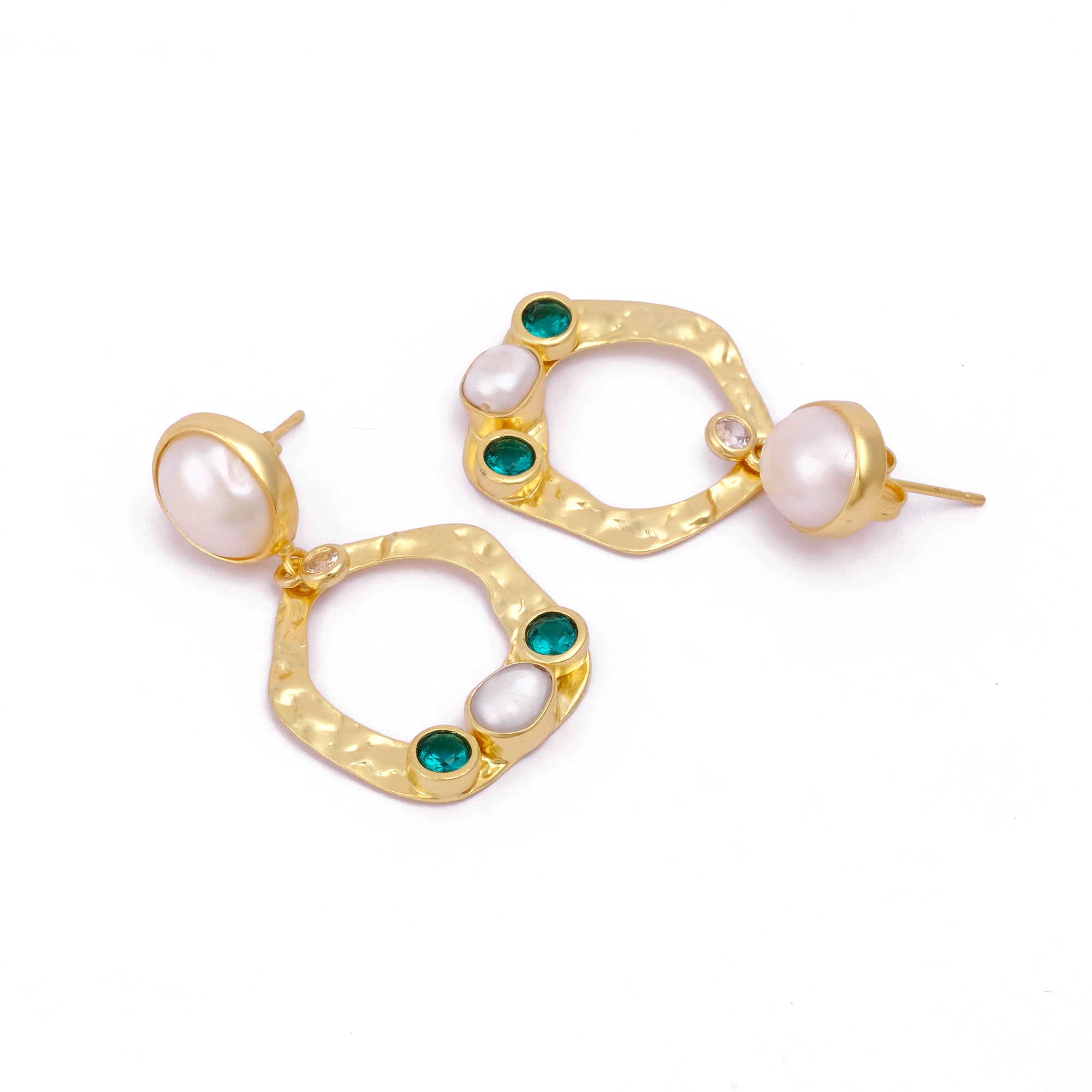 Elegant Baroque Pearl And Apatite Stud Earrings – Handmade Gold Studs with Dangling Pearls, Classic Pearl Birthstone Jewelry, S