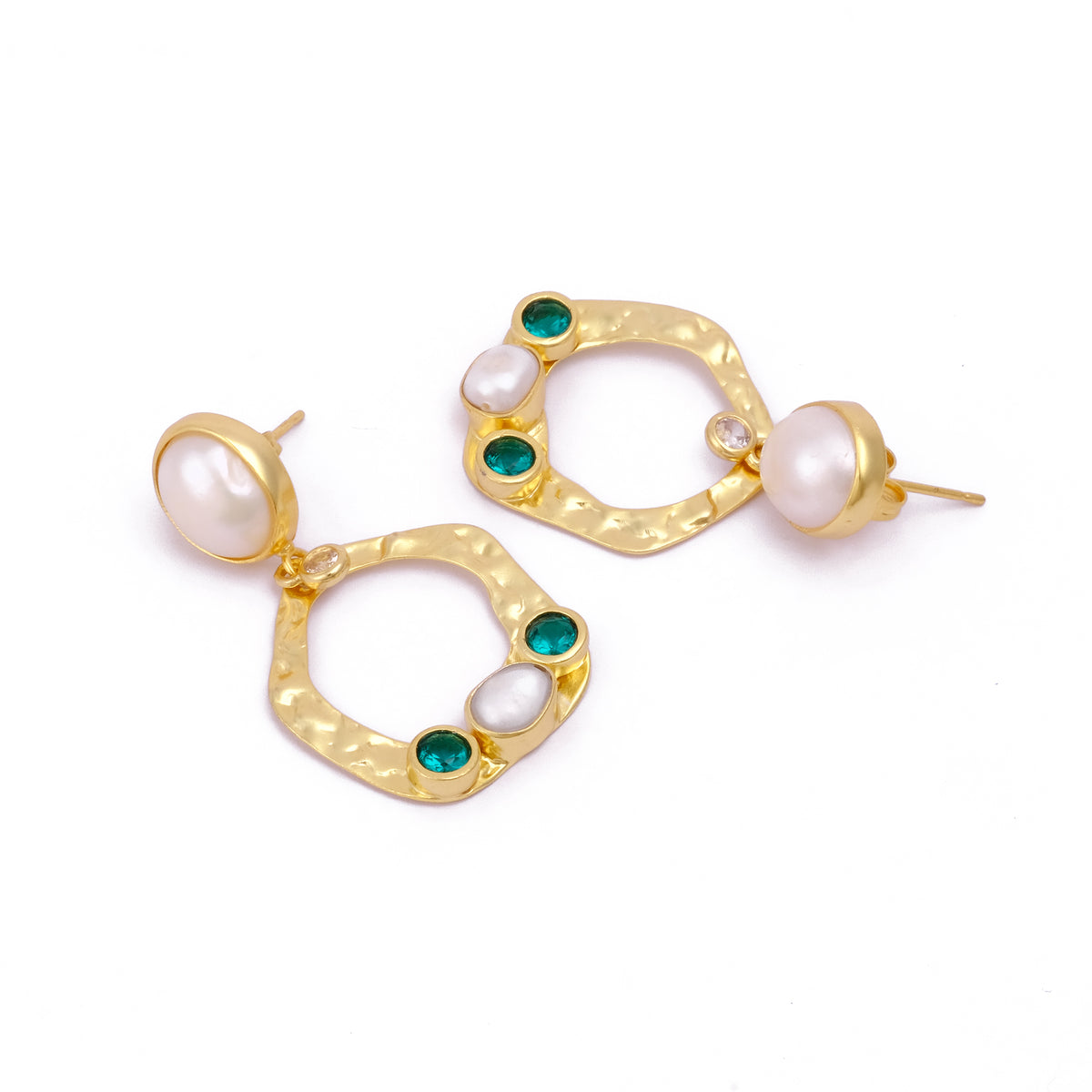 Elegant Baroque Pearl And Apatite Stud Earrings – Handmade Gold Studs with Dangling Pearls, Classic Pearl Birthstone Jewelry, S