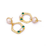 Elegant Baroque Pearl And Apatite Stud Earrings – Handmade Gold Studs with Dangling Pearls, Classic Pearl Birthstone Jewelry, S