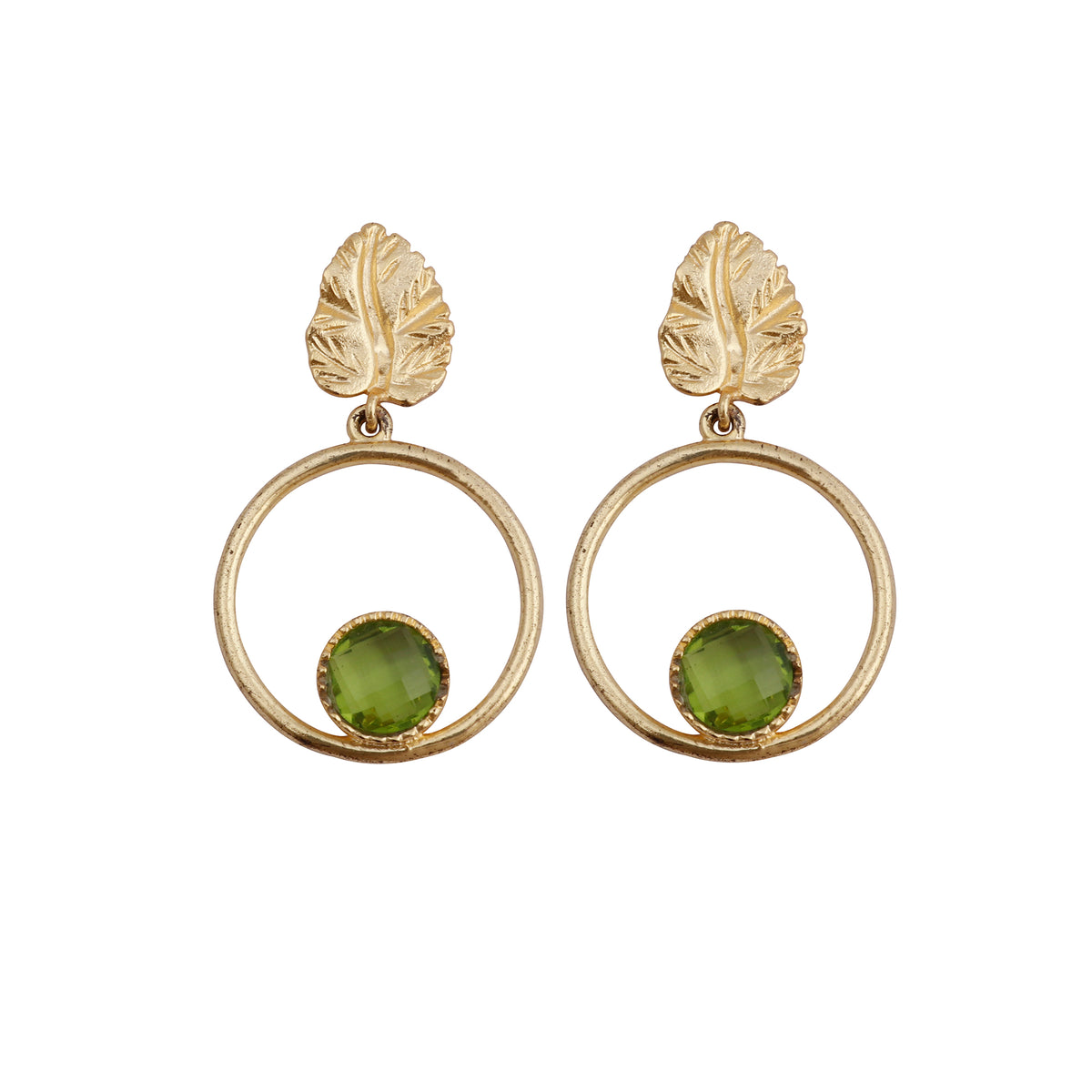 Peridot Gemstone Earrings Leaf Design Stud Gold Plated Handmade Earring