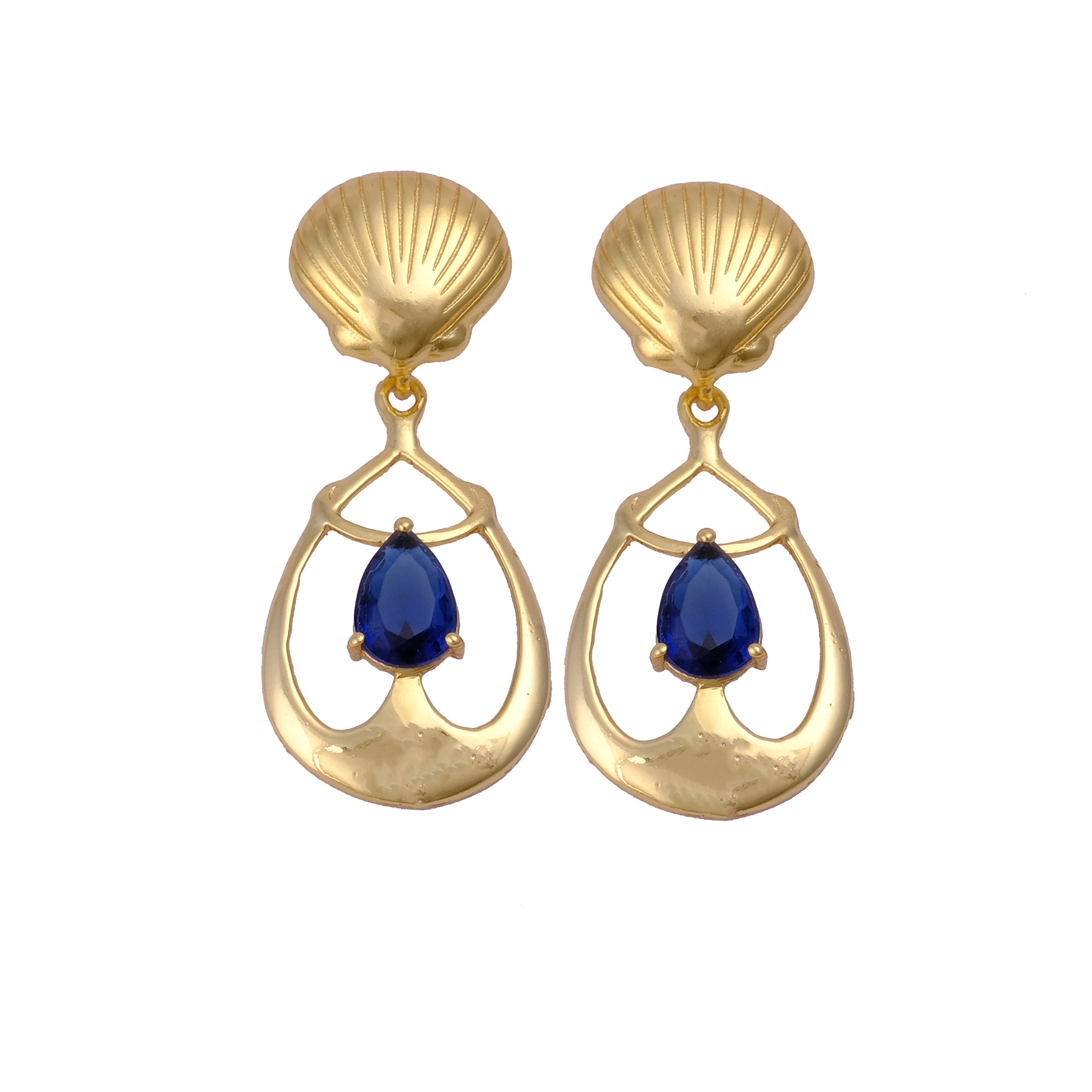 Emerald Gemstone Earrings, Seashell Teardrop Handmade Gold Plated Stud Iolite