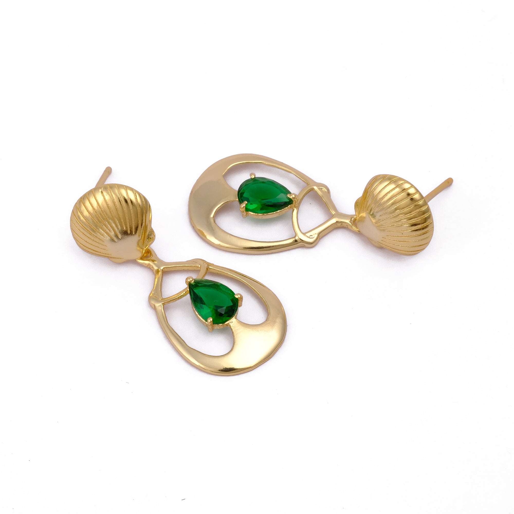 Emerald Gemstone Earrings, Seashell Teardrop Handmade Gold Plated Stud