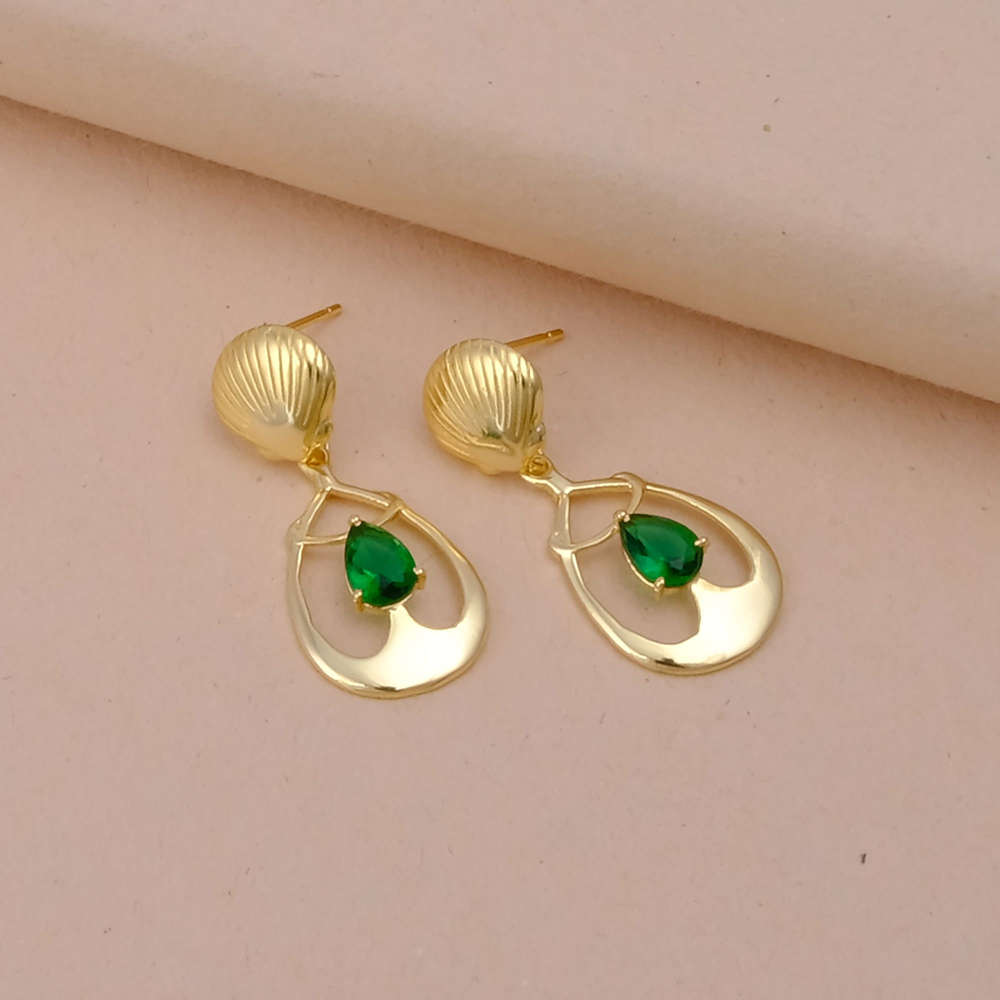 Emerald Gemstone Earrings, Seashell Teardrop Handmade Gold Plated Stud