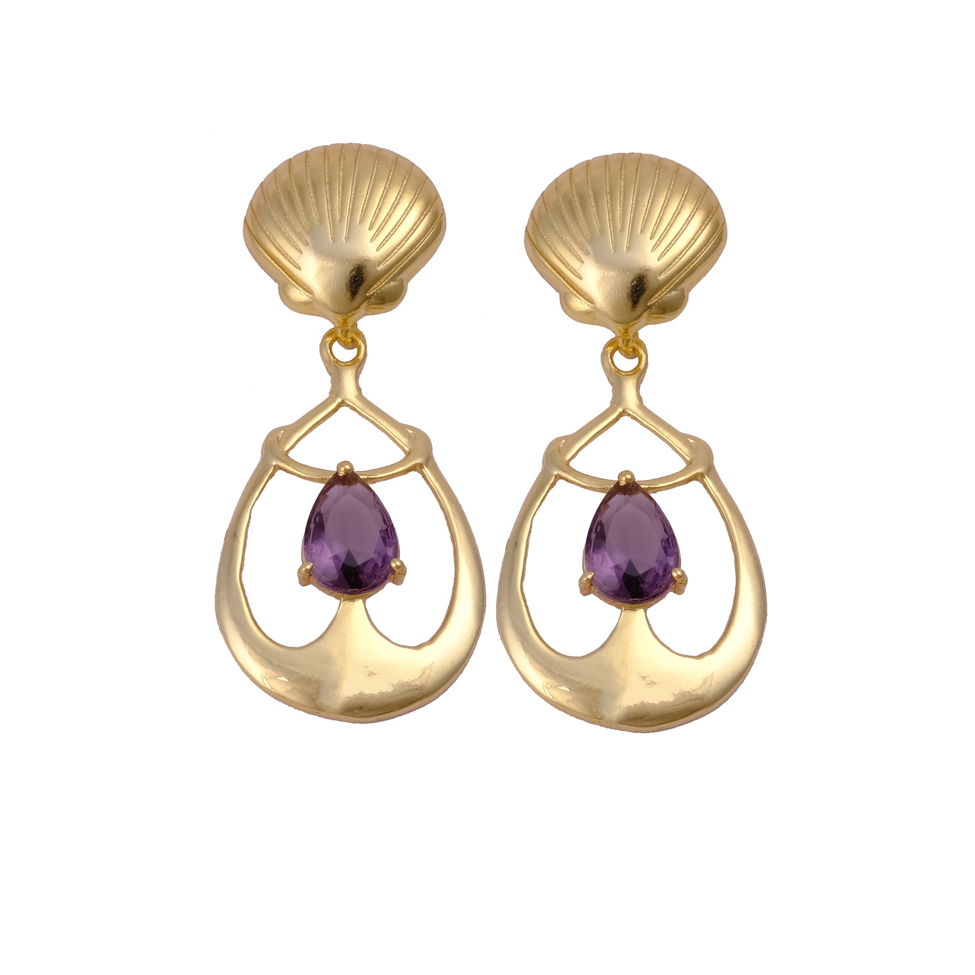 Emerald Gemstone Earrings, Seashell Teardrop Handmade Gold Plated Stud Purple Amethyst