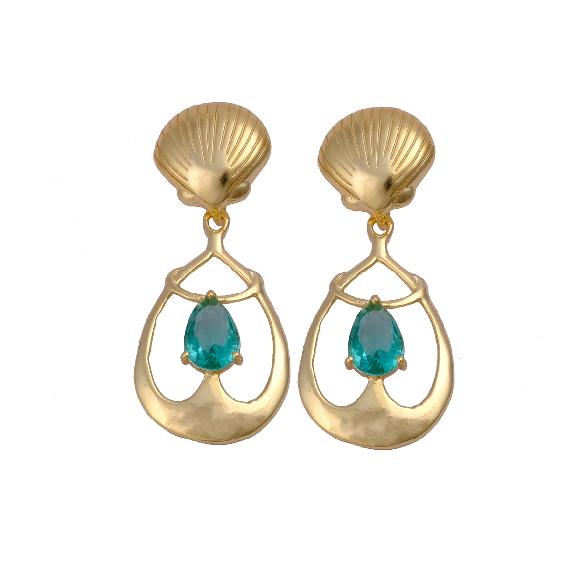 Emerald Gemstone Earrings, Seashell Teardrop Handmade Gold Plated Stud Apatite