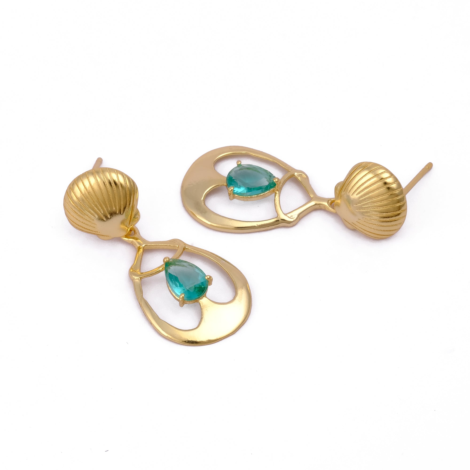Emerald Gemstone Earrings, Seashell Teardrop Handmade Gold Plated Stud