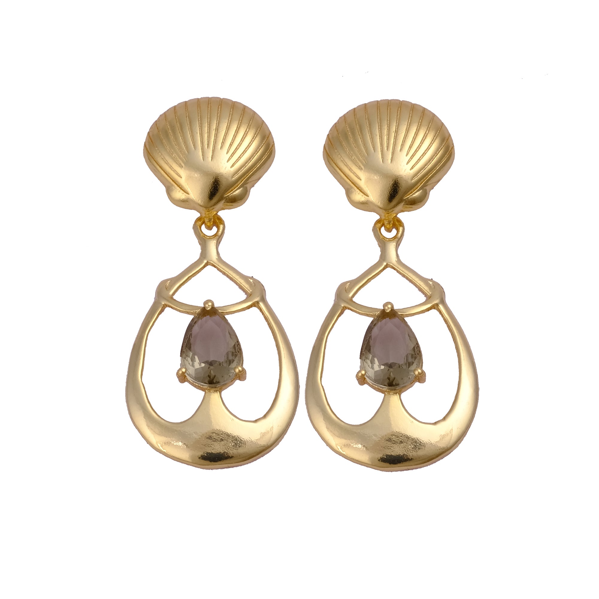 Emerald Gemstone Earrings, Seashell Teardrop Handmade Gold Plated Stud Smoky Quartz
