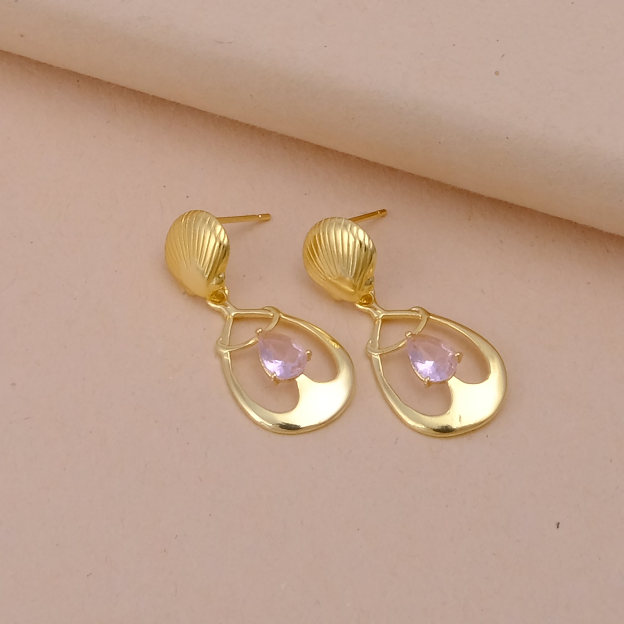 Emerald Gemstone Earrings, Seashell Teardrop Handmade Gold Plated Stud