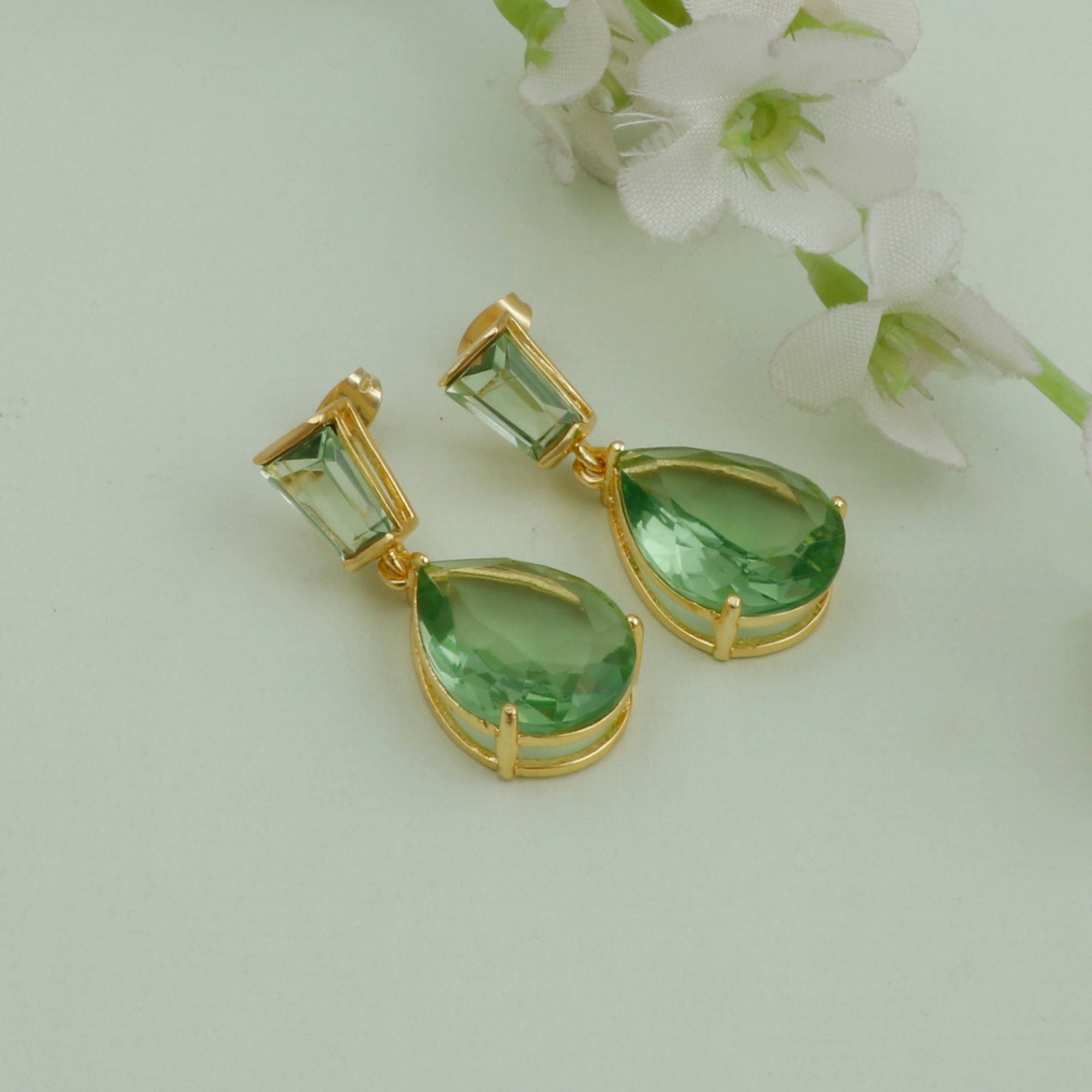 Natural Black Onyx Earring Gold Plated Pear Drop Stud Earrings Green Amethyst