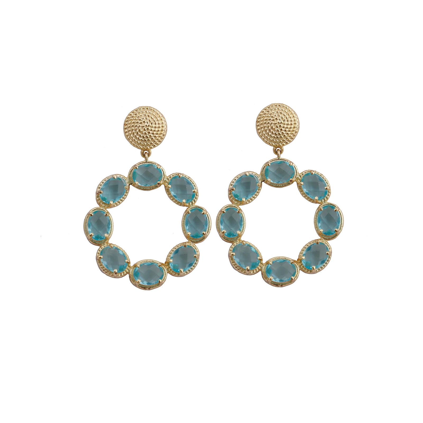 Swiss Blue Topaz Earrings Gold Plated Texture Stud Prong Setting Stud