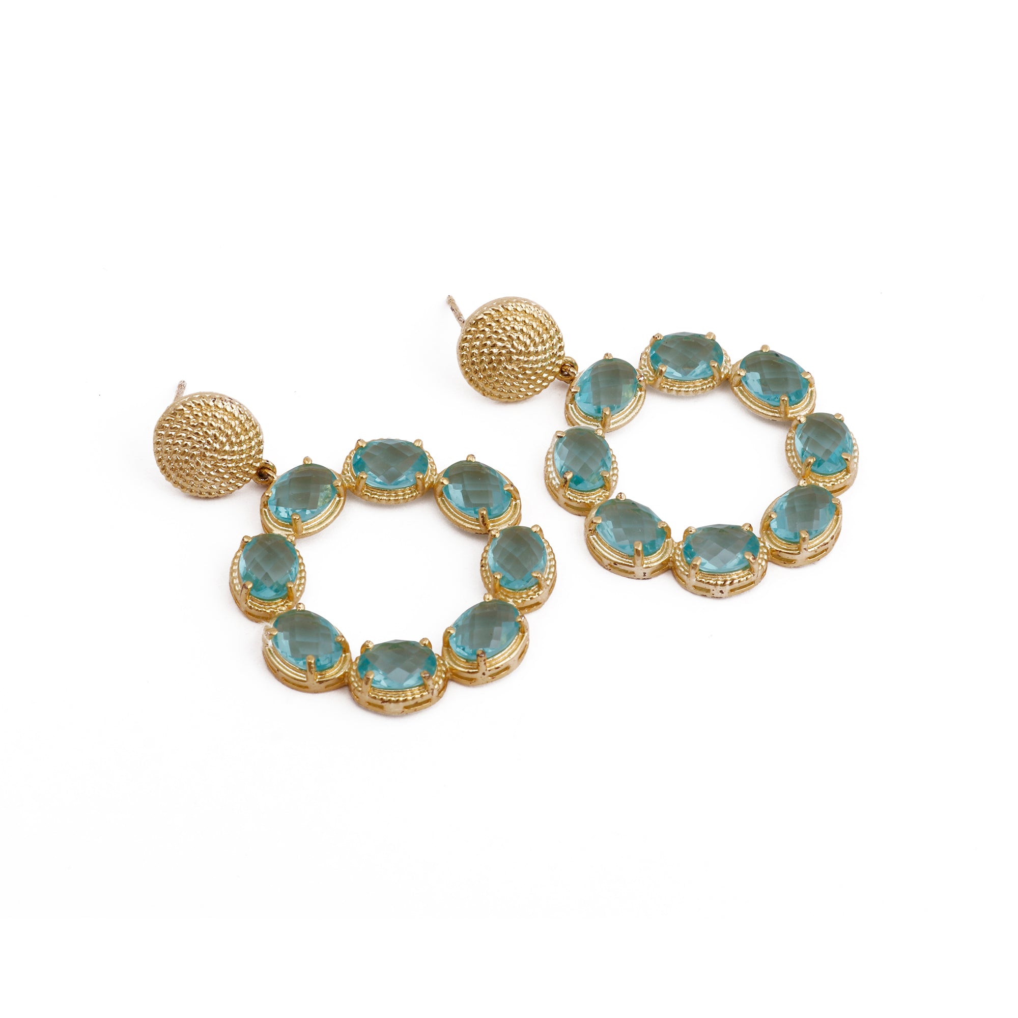 Swiss Blue Topaz Earrings Gold Plated Texture Stud Prong Setting Stud