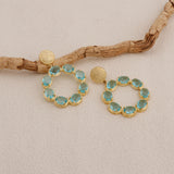 Swiss Blue Topaz Earrings Gold Plated Texture Stud Prong Setting Stud