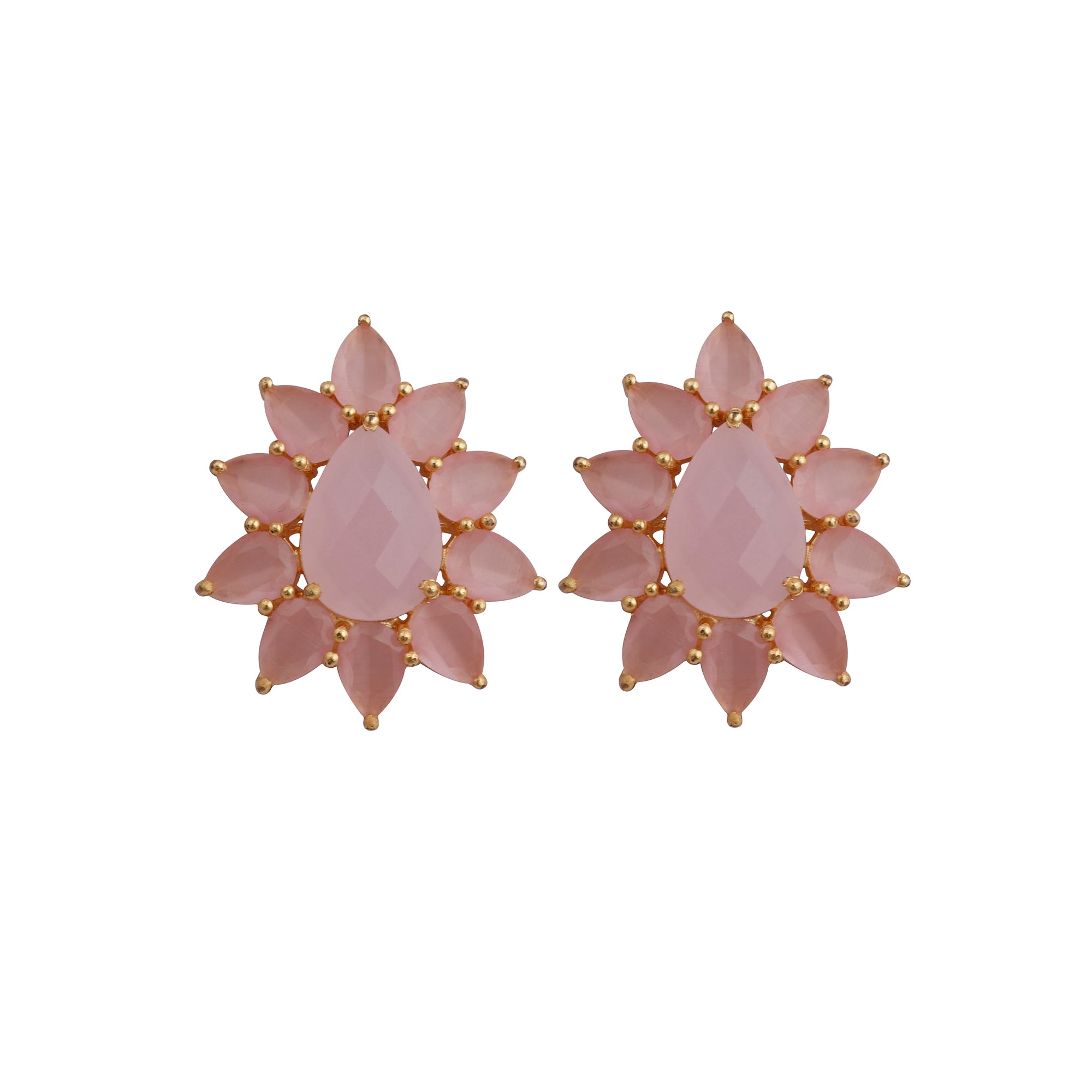 Flower Design Stud Earrings Pink Cat's Eye Gemstone Stud Gold Plated Statement Earring