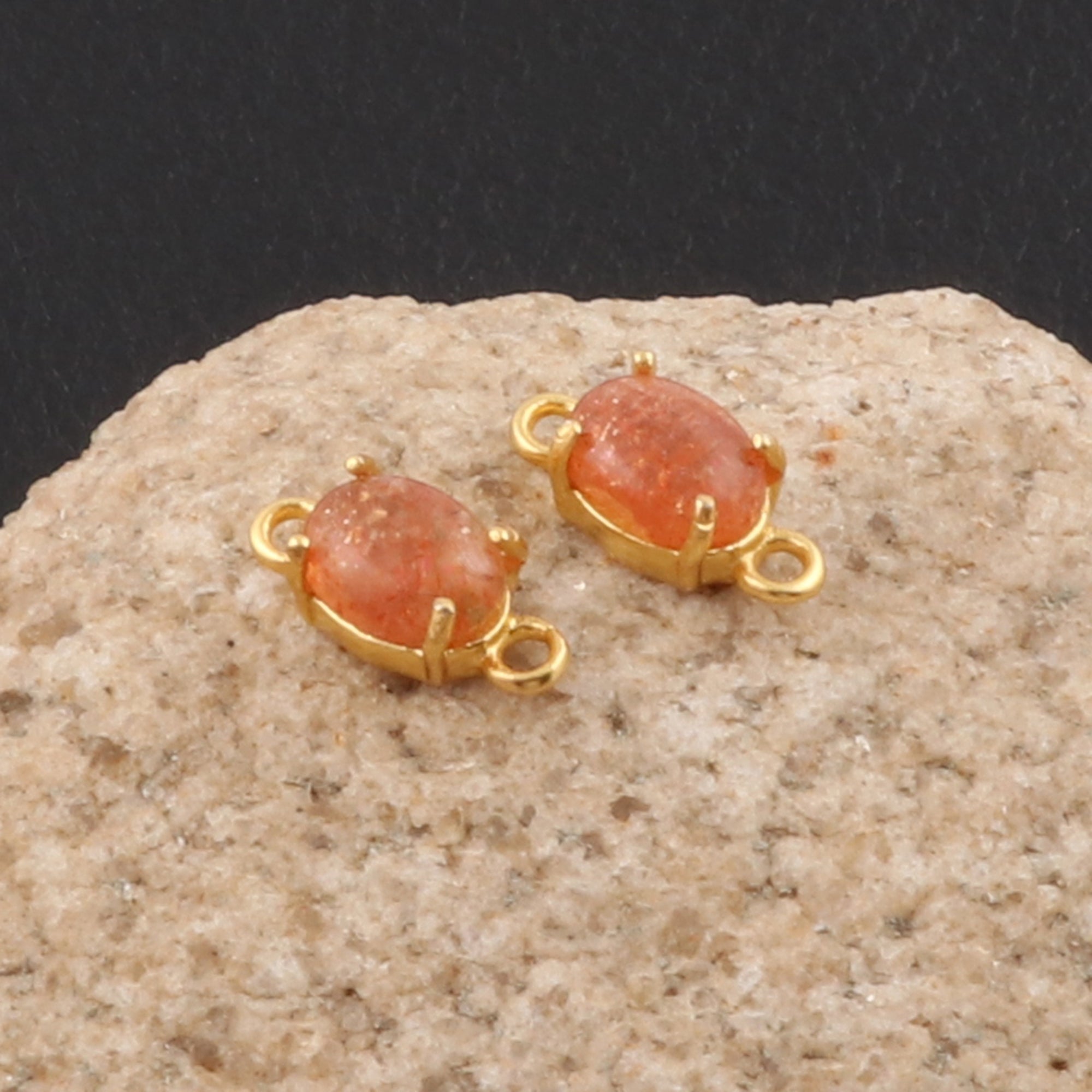 Natural Orange Sunstone Connector, Prong Oval Shape Double Bail Connector