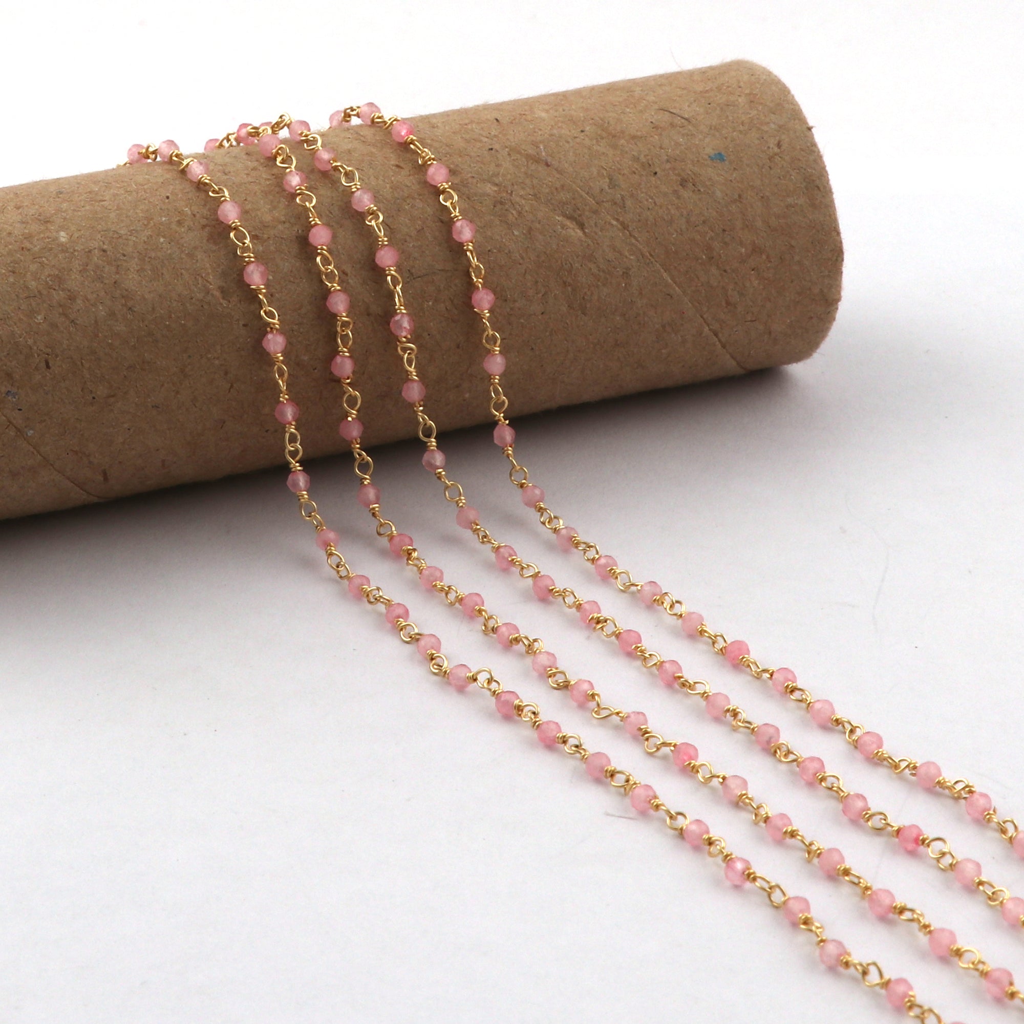 Pink Monalisa 3-3.5mm Beaded Gold Wire Wrapped Rosary Chain