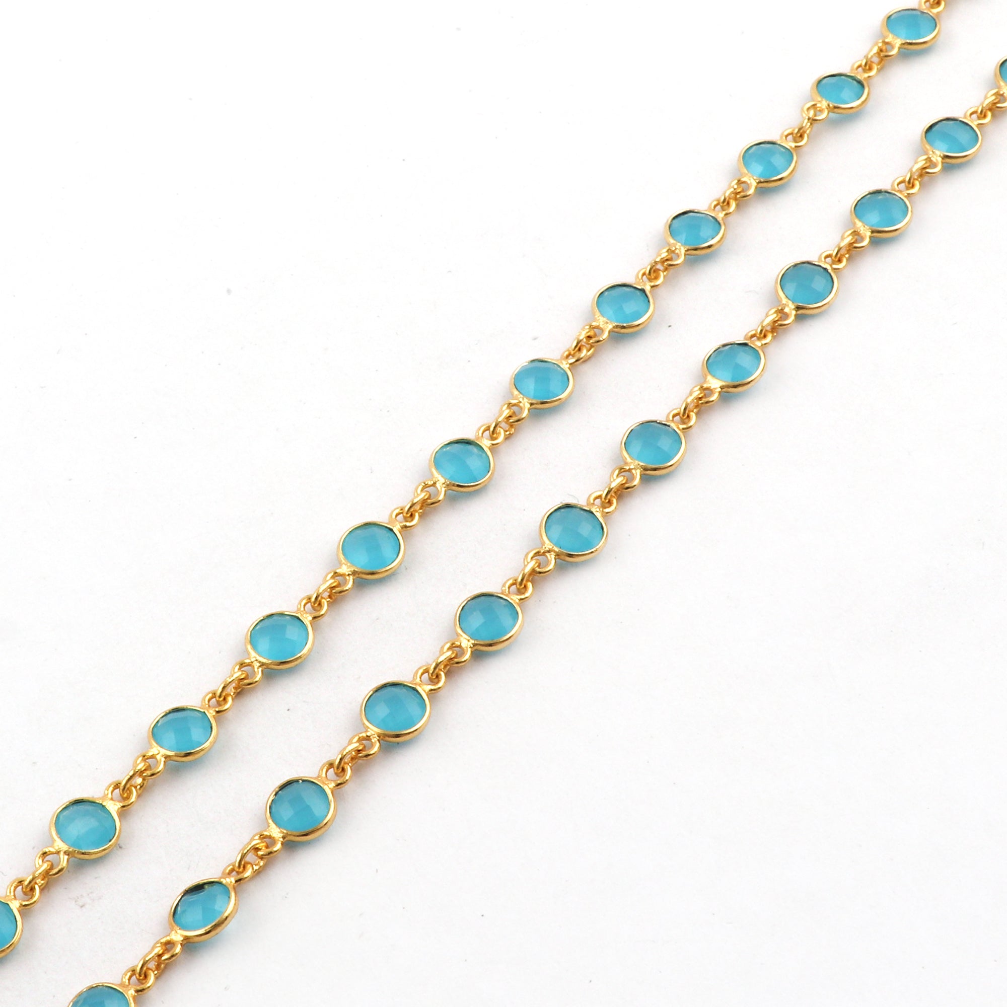 6mm Round Checker Cut Gold Chain - Blue Chalcedony Gemstone Chain - Continuous Connector Chain - Bezel Connector Brass Metal Chain (GJ-1745) (Copy)