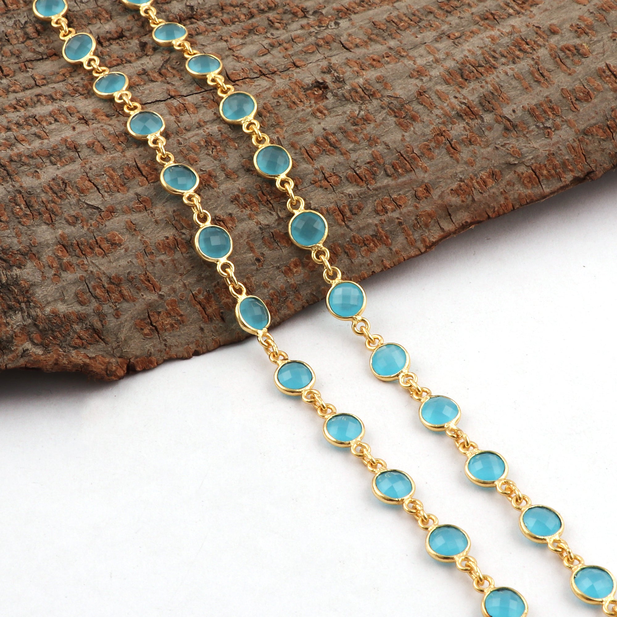 6mm Round Checker Cut Gold Chain - Blue Chalcedony Gemstone Chain - Continuous Connector Chain - Bezel Connector Brass Metal Chain (GJ-1745) (Copy)