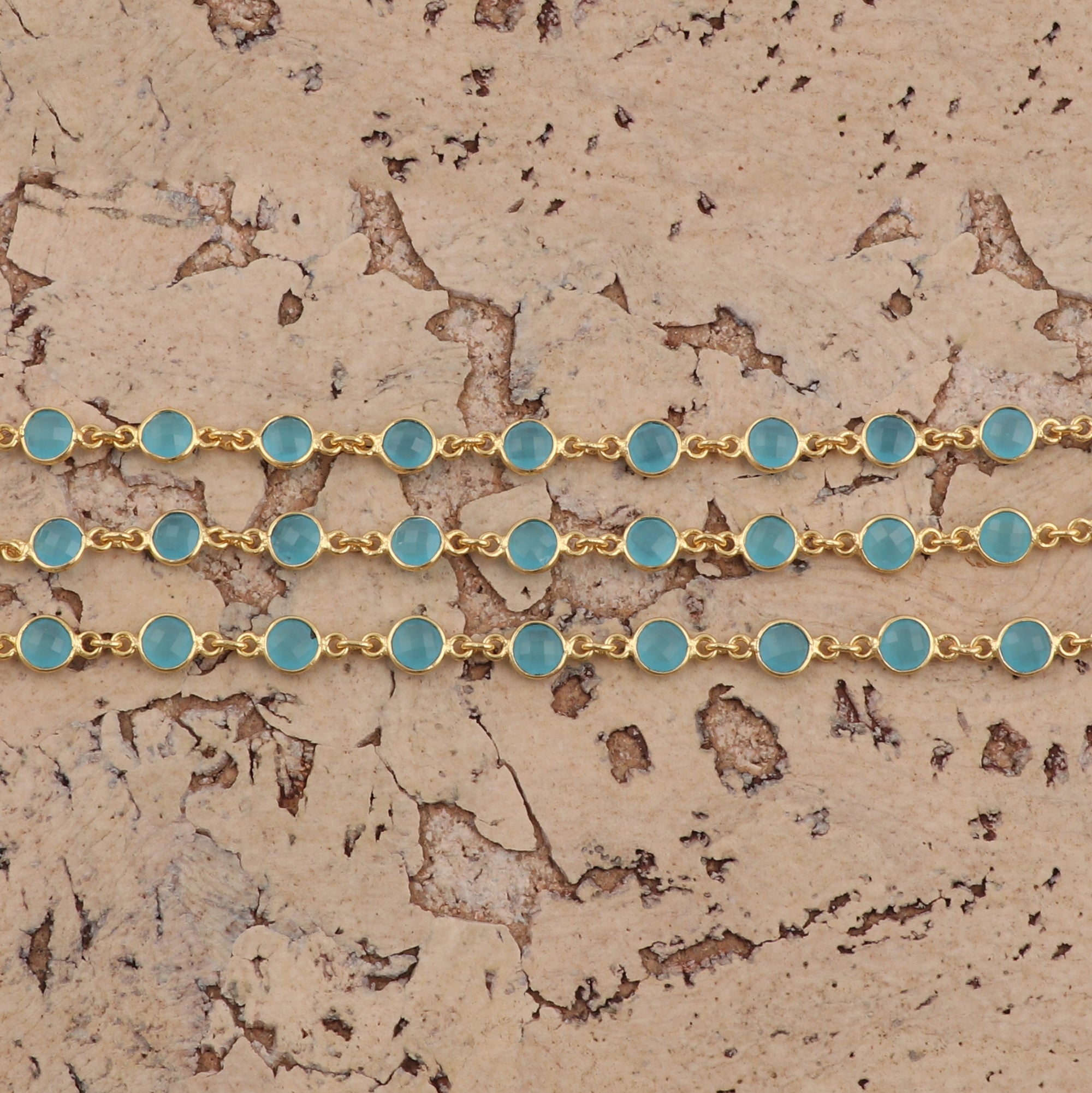 6mm Round Checker Cut Gold Chain - Blue Chalcedony Gemstone Chain - Continuous Connector Chain - Bezel Connector Brass Metal Chain (GJ-1745) (Copy)