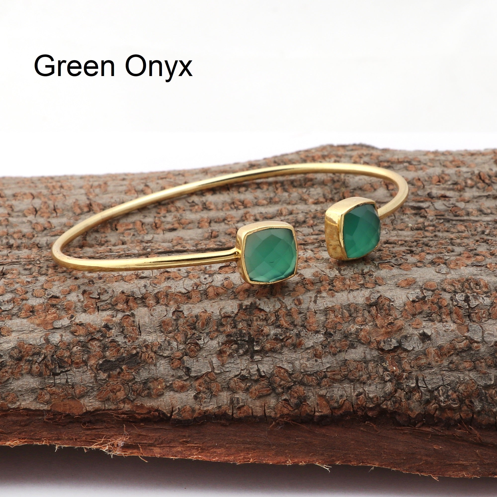 Black Onyx Bangle Double Stone Openable Cuff Style Gemstone Gold Plated Bangle Green Onyx