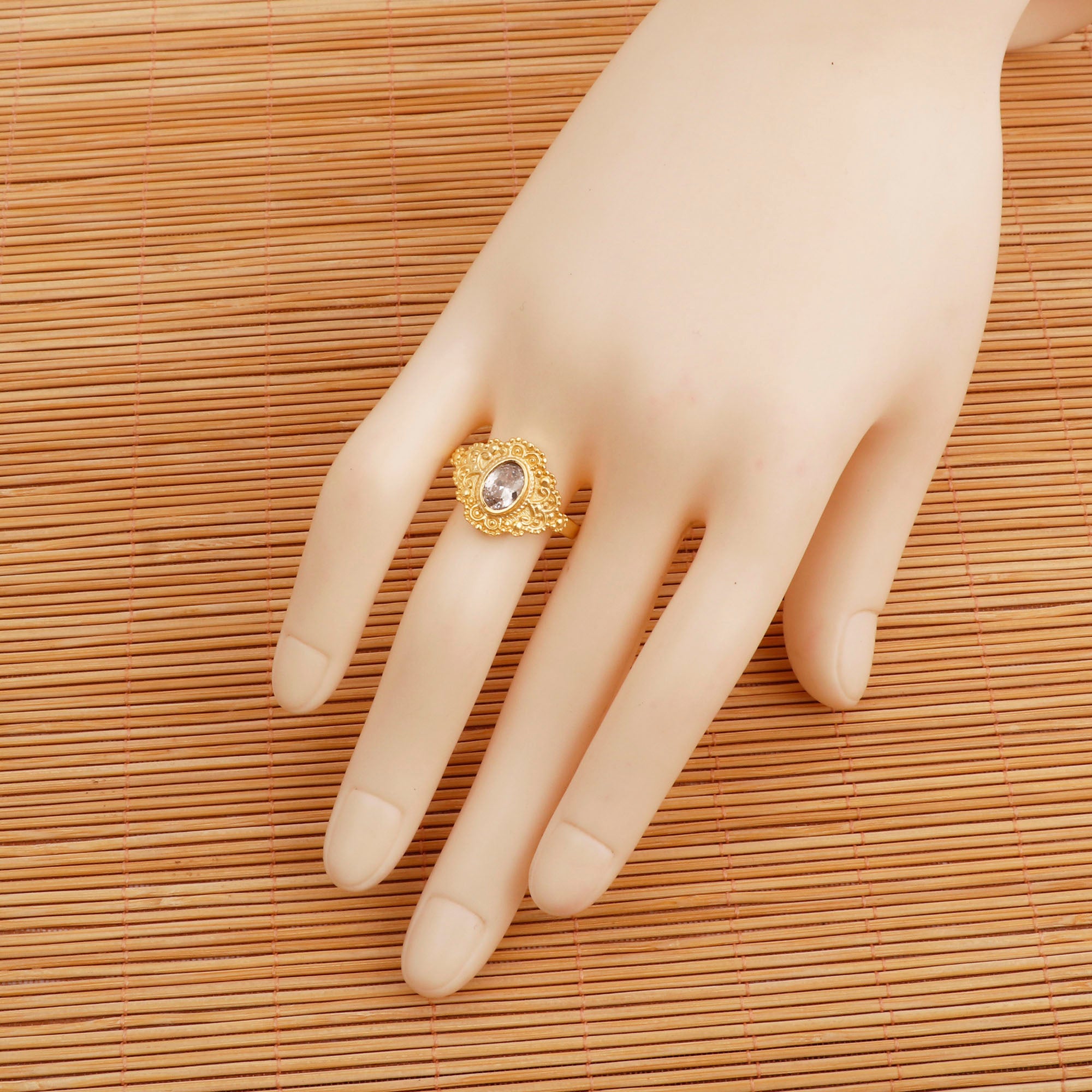 Black Onyx Gold Plated Ring Ornate Boho Statement Ring