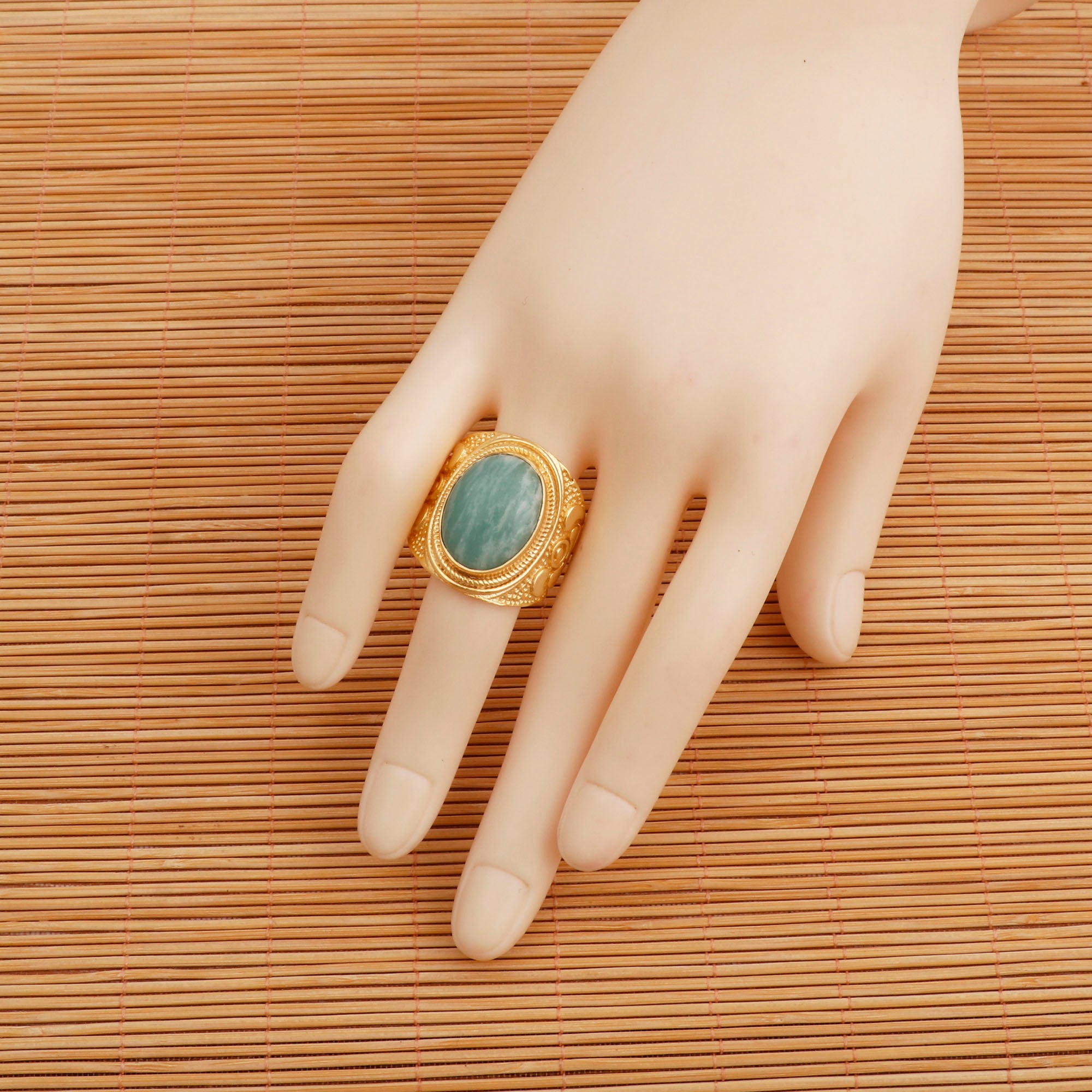 Gold Plated Filigree Labradorite Statement Ring - Elegant Handcrafted Jewelry Amazonite