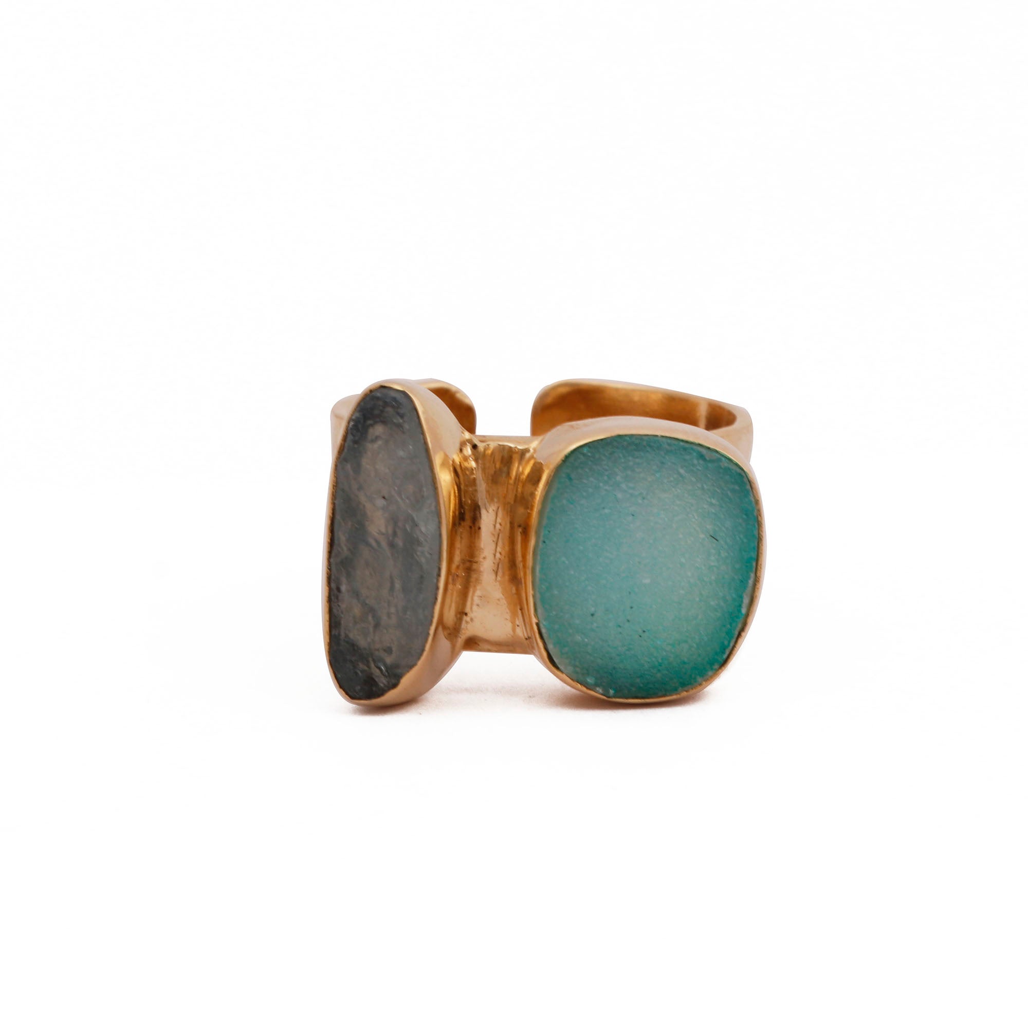 Druzy Sapphire Spinner Ring, Double Stone Wide Gold Plated Band Ring