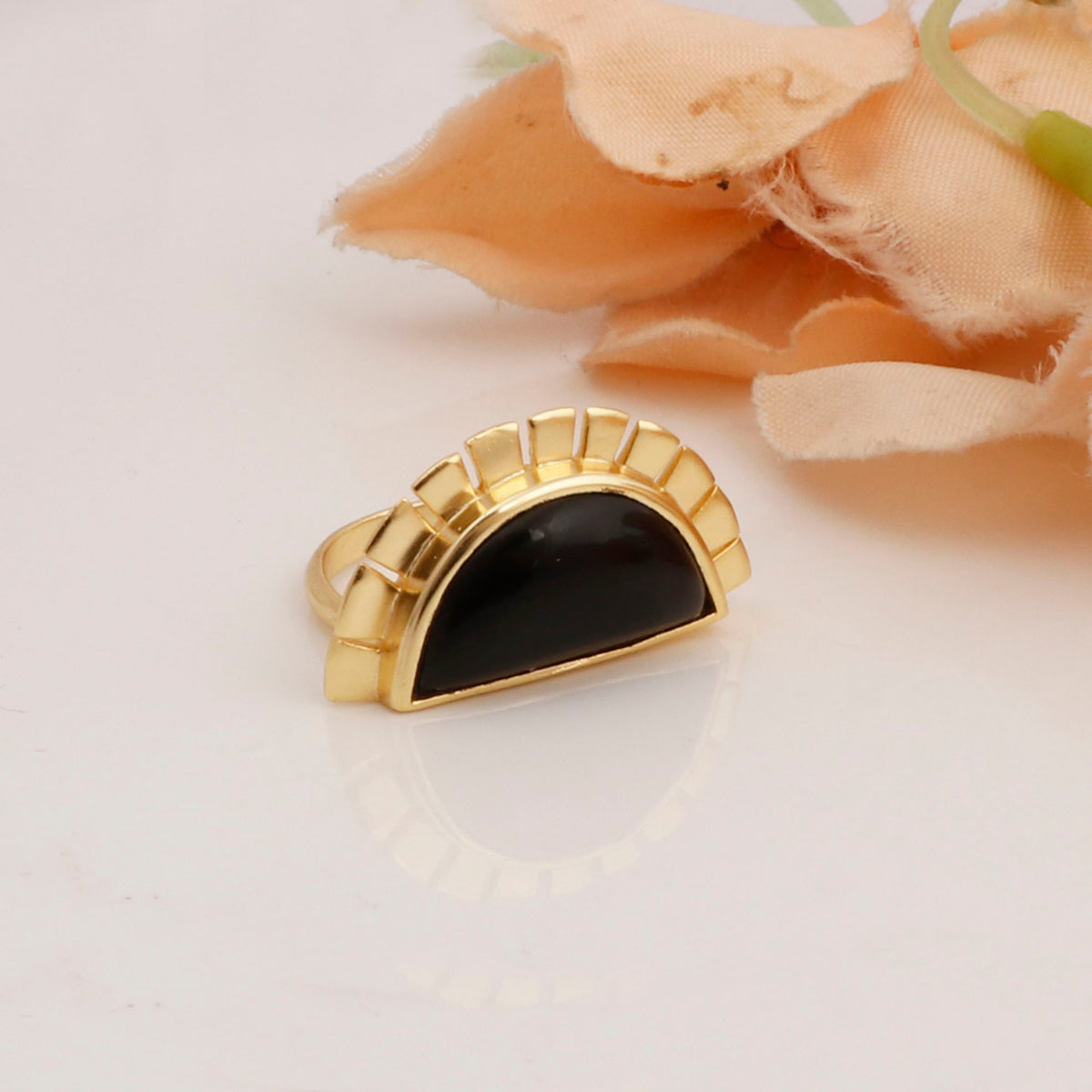 Black Onyx Gemstone Ring Gold Plated Semi-Circle Geometric Jewelry