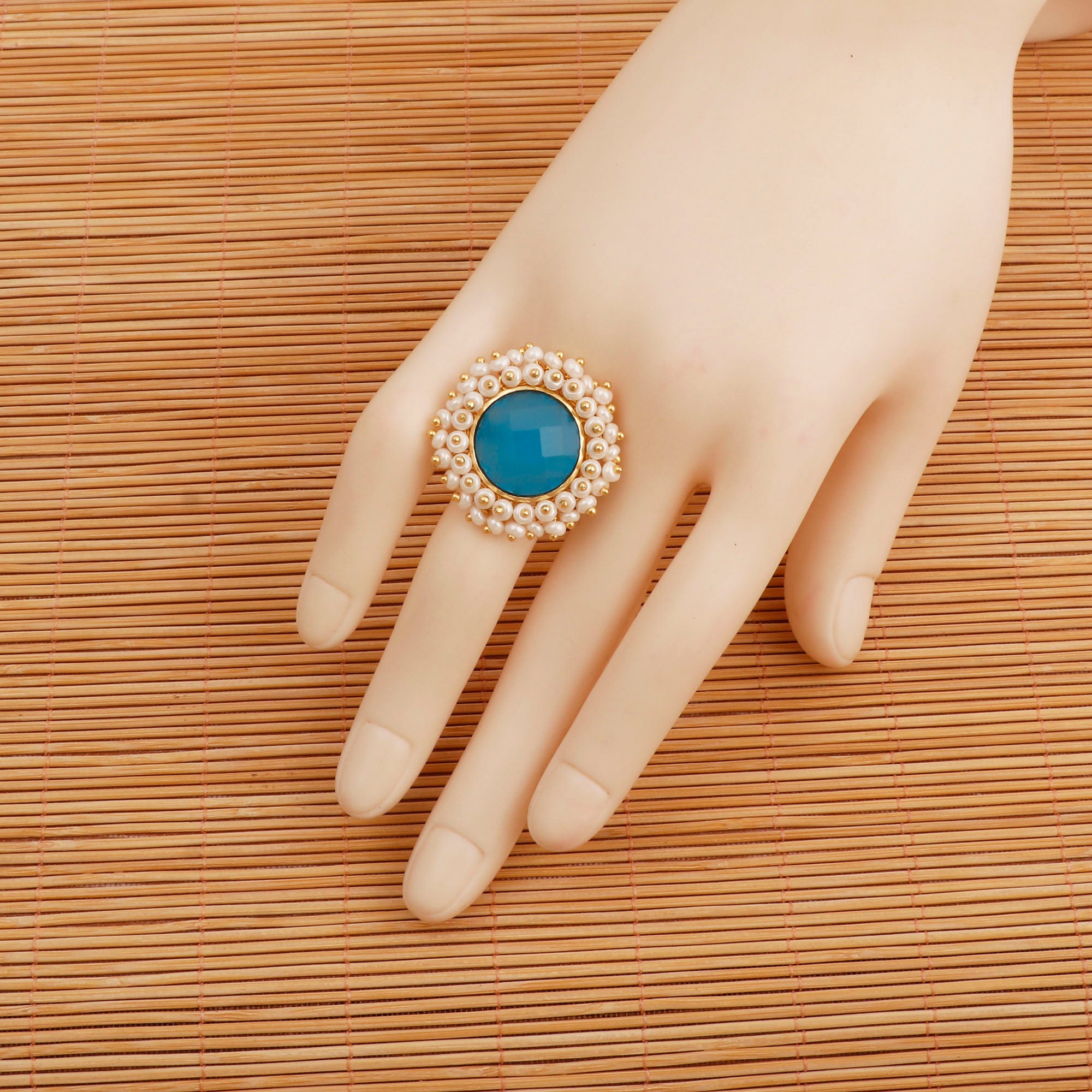 Pink Chalcedony Gemstone Ring with Pearl Beads, Gold Plated Adjustable Statement Ring Blue Chalcedony