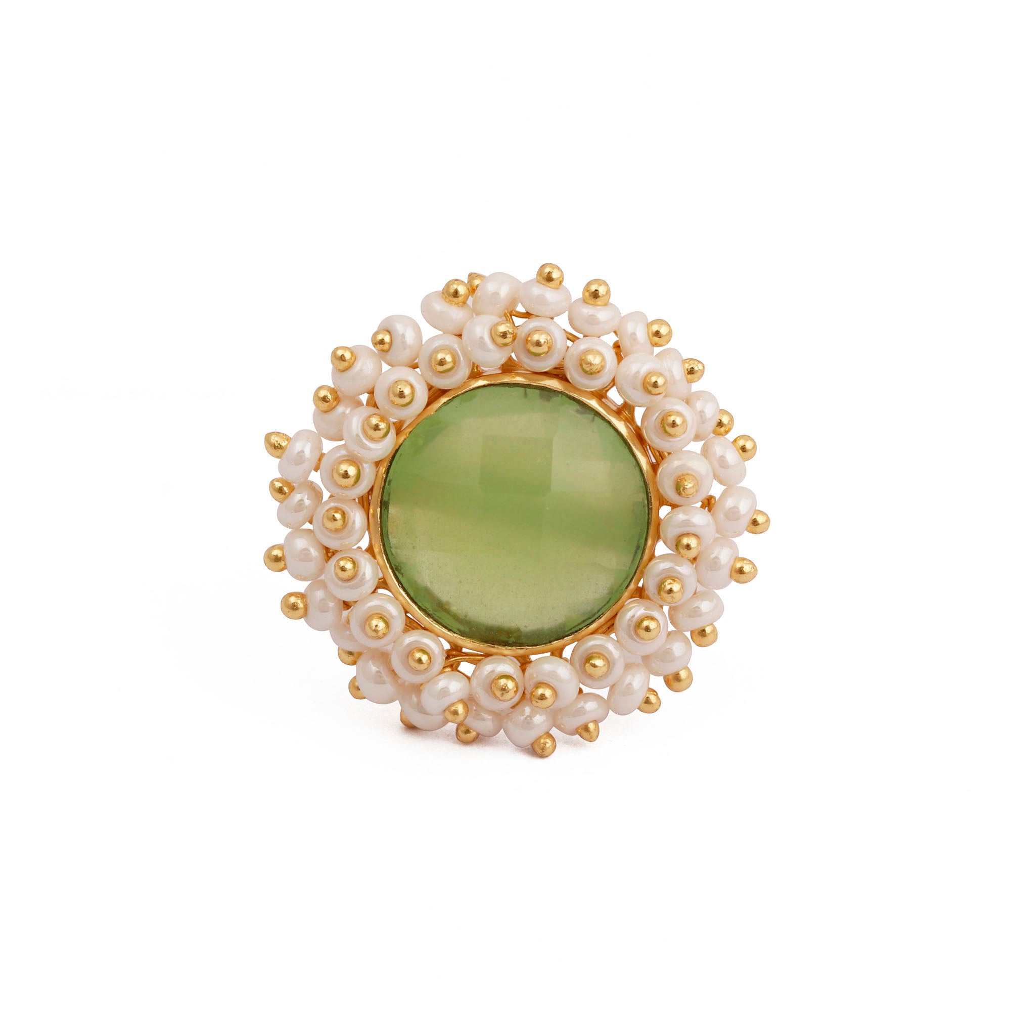 Pink Chalcedony Gemstone Ring with Pearl Beads, Gold Plated Adjustable Statement Ring