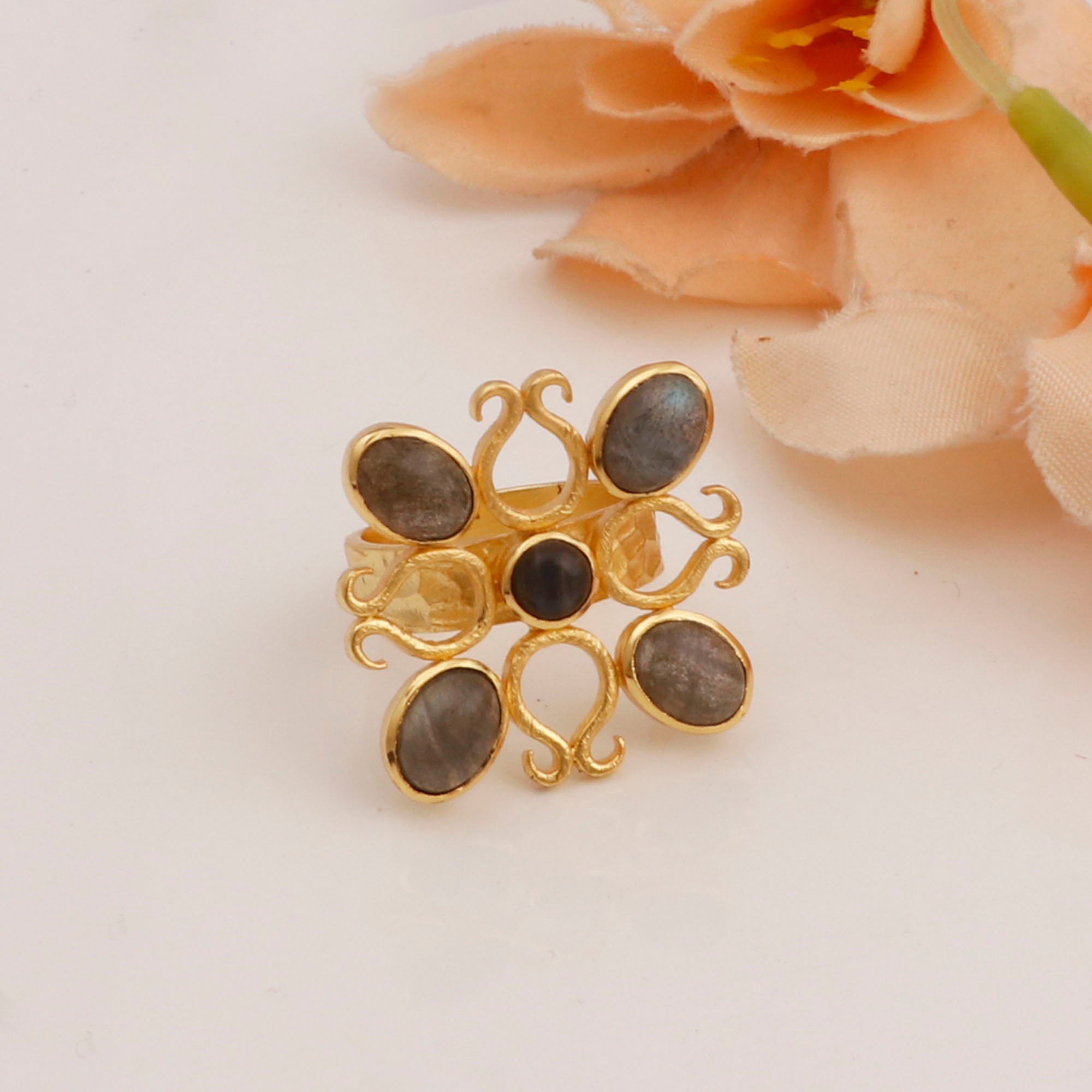 Labradorite Gemstones Ring Gold Plated Floral Design Statement Ring