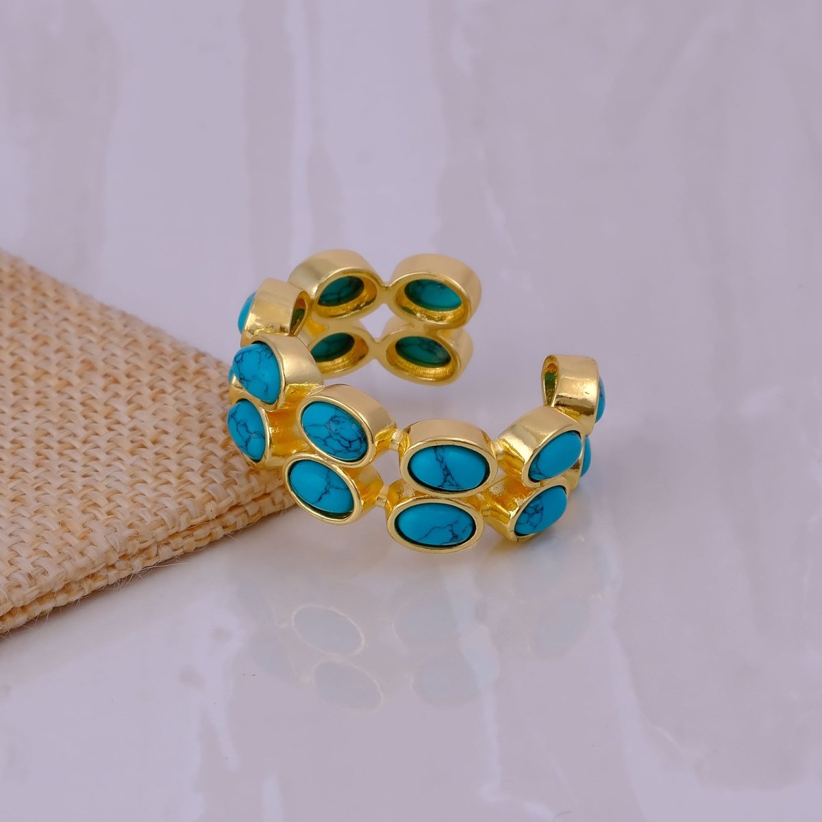 Adjustable Gold Plated Green Onyx Ring, Oval Shape Open Band Ring CR - 1028