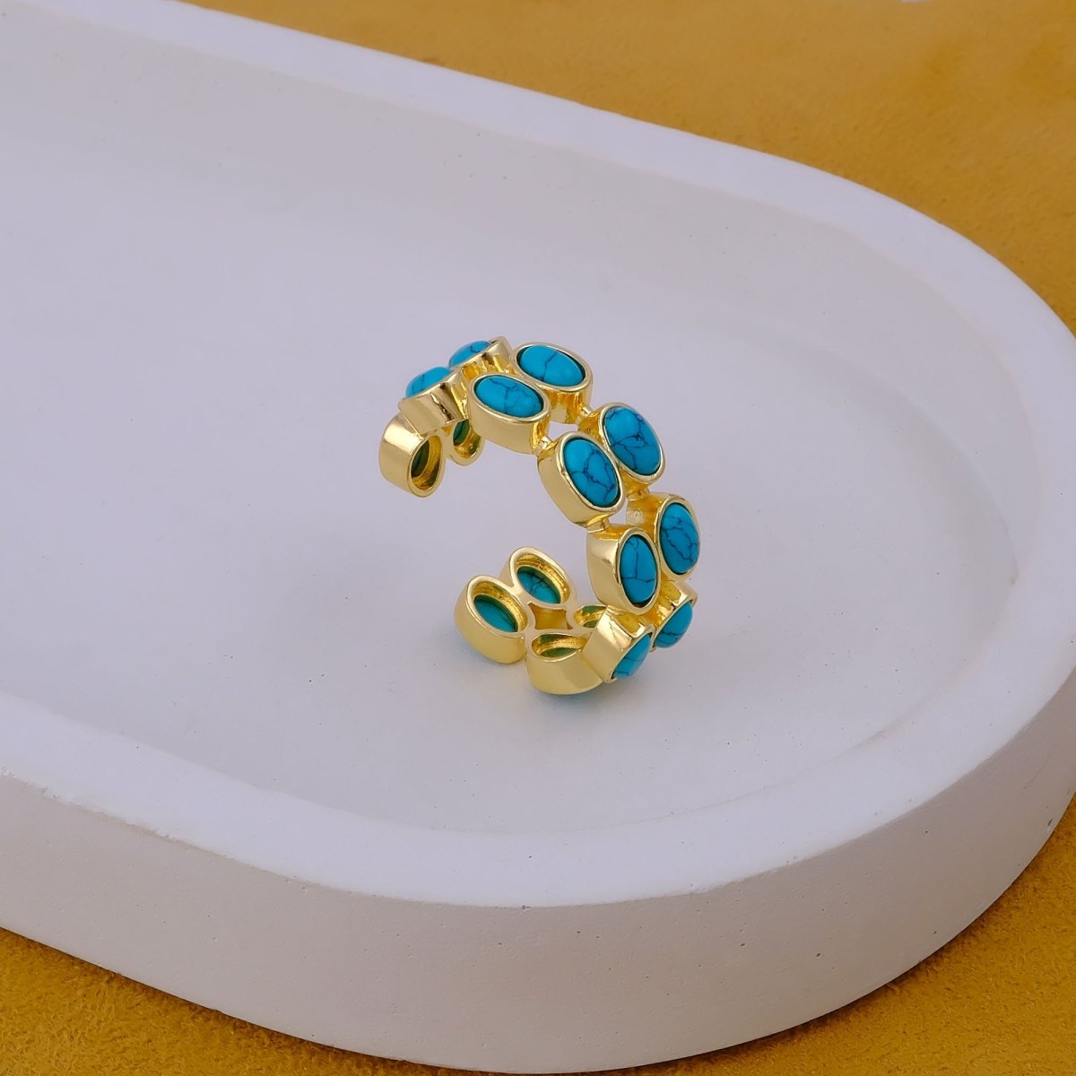 Adjustable Gold Plated Green Onyx Ring, Oval Shape Open Band Ring CR - 1028