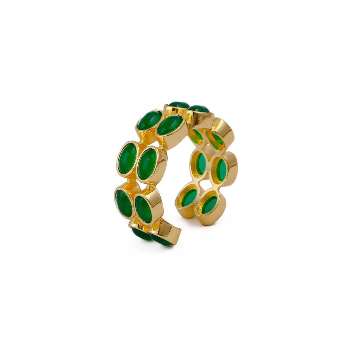 Adjustable Gold Plated Green Onyx Ring, Oval Shape Open Band Ring CR - 1028