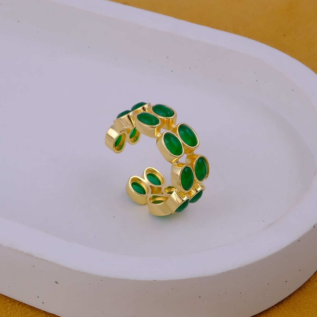 Adjustable Gold Plated Green Onyx Ring, Oval Shape Open Band Ring CR - 1028