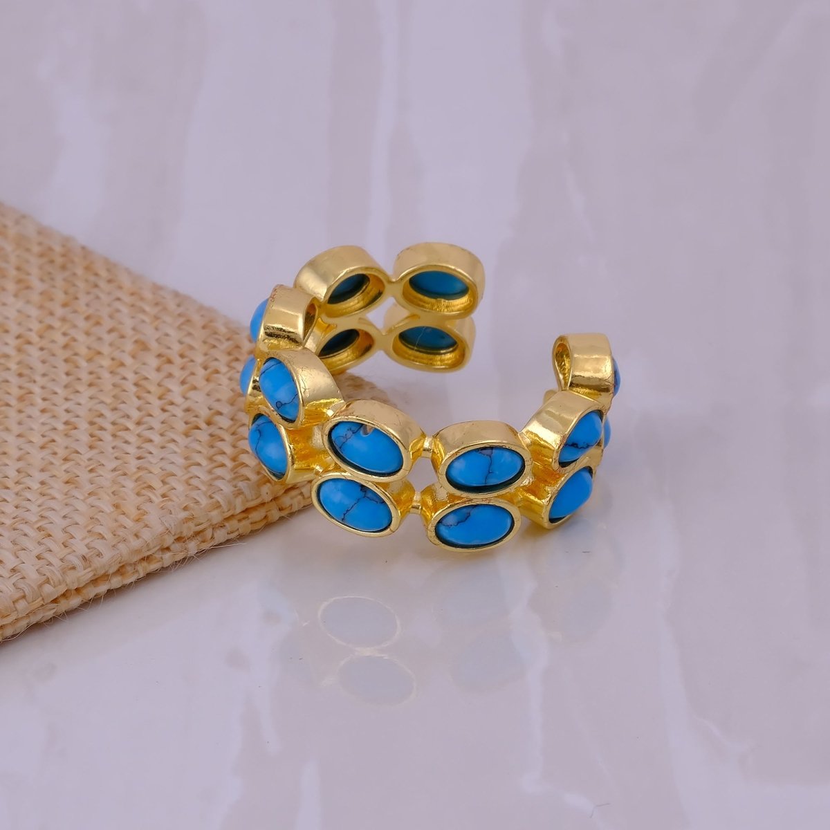 Adjustable Gold Plated Green Onyx Ring, Oval Shape Open Band Ring CR - 1028