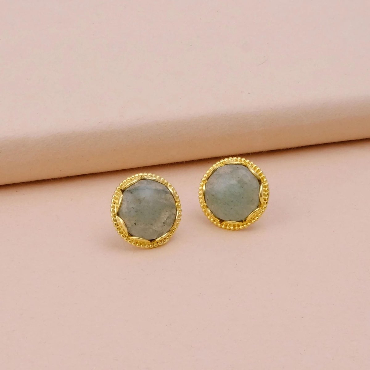 Amazonite Gemstone Studs Gold Plated Earrings Round Handmade Earrings