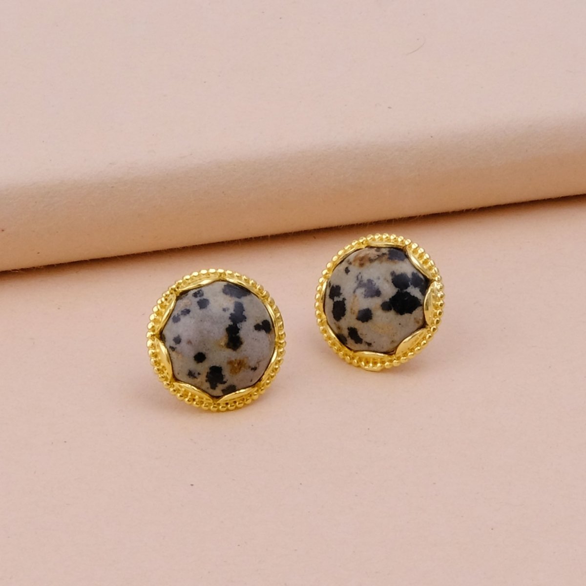 Amazonite Gemstone Studs Gold Plated Earrings Round Handmade Earrings Dalmatian Jasper