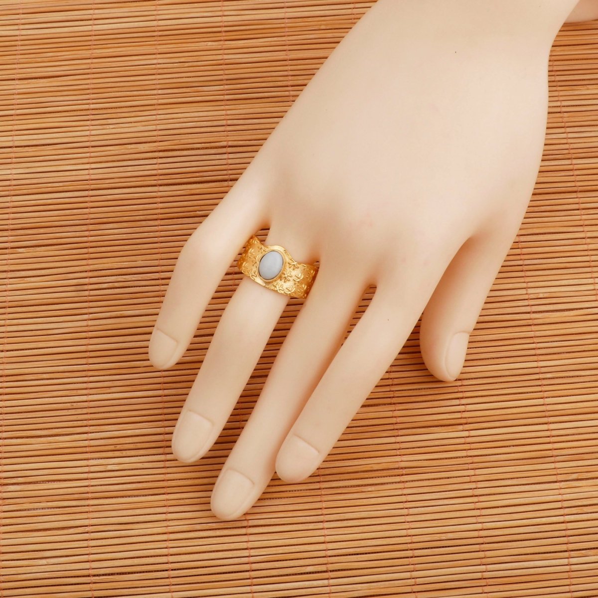 Amazonite Gemstone Textured Star Design Gold Plated Adjustable Ring