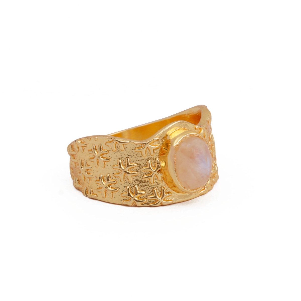 Amazonite Gemstone Textured Star Design Gold Plated Adjustable Ring Rainbow Moonstone