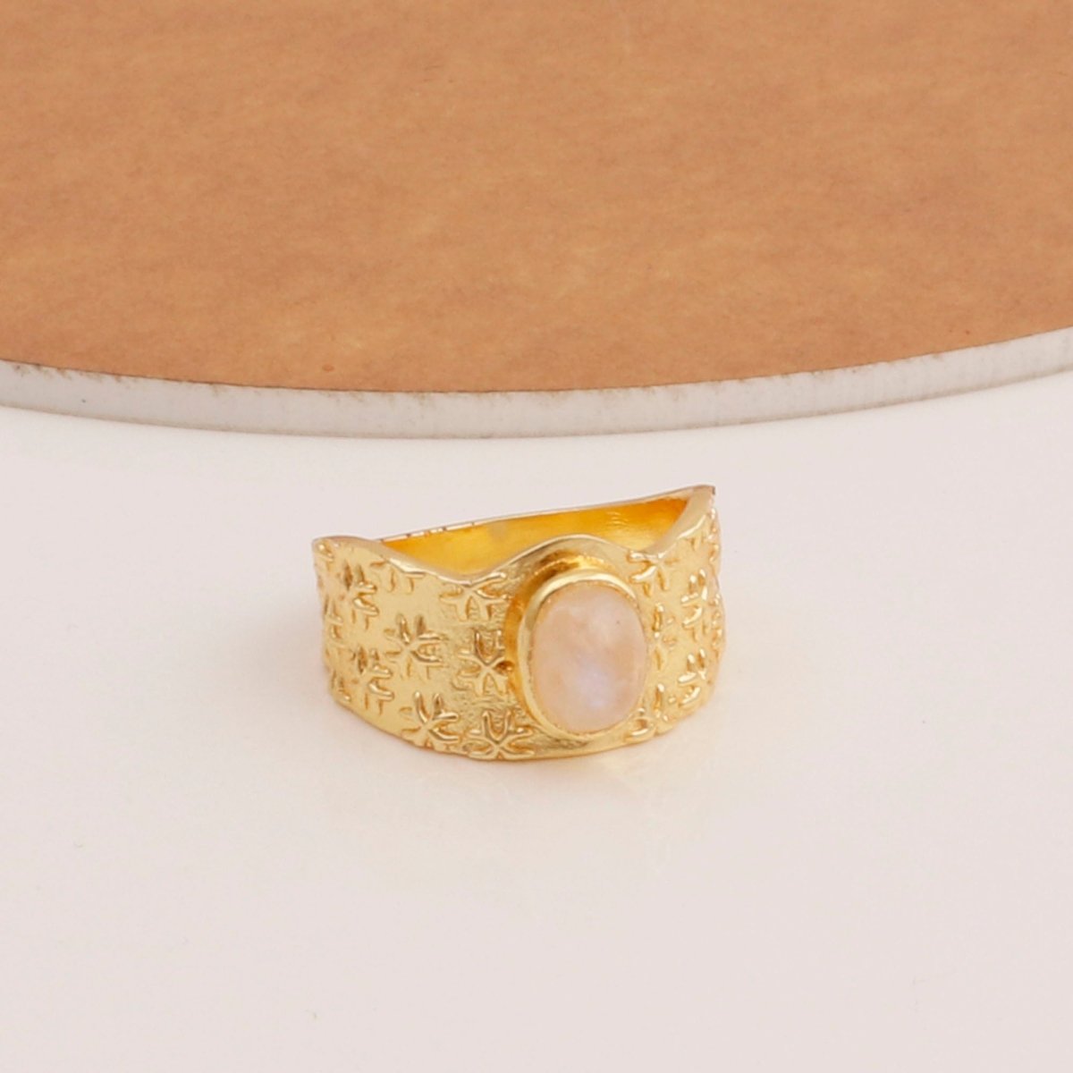 Amazonite Gemstone Textured Star Design Gold Plated Adjustable Ring