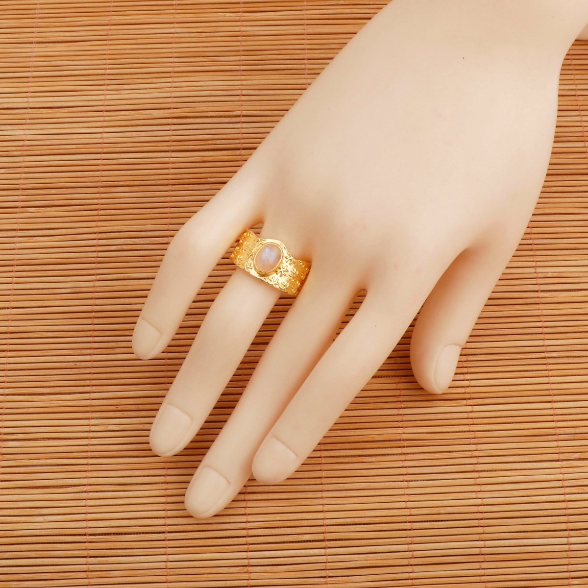 Amazonite Gemstone Textured Star Design Gold Plated Adjustable Ring