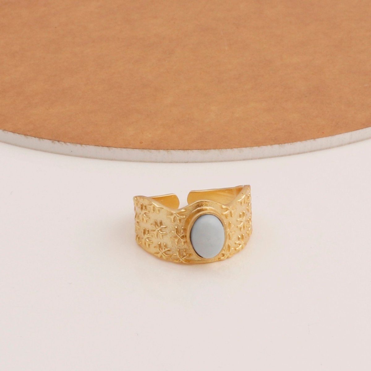 Amazonite Gemstone Textured Star Design Gold Plated Adjustable Ring