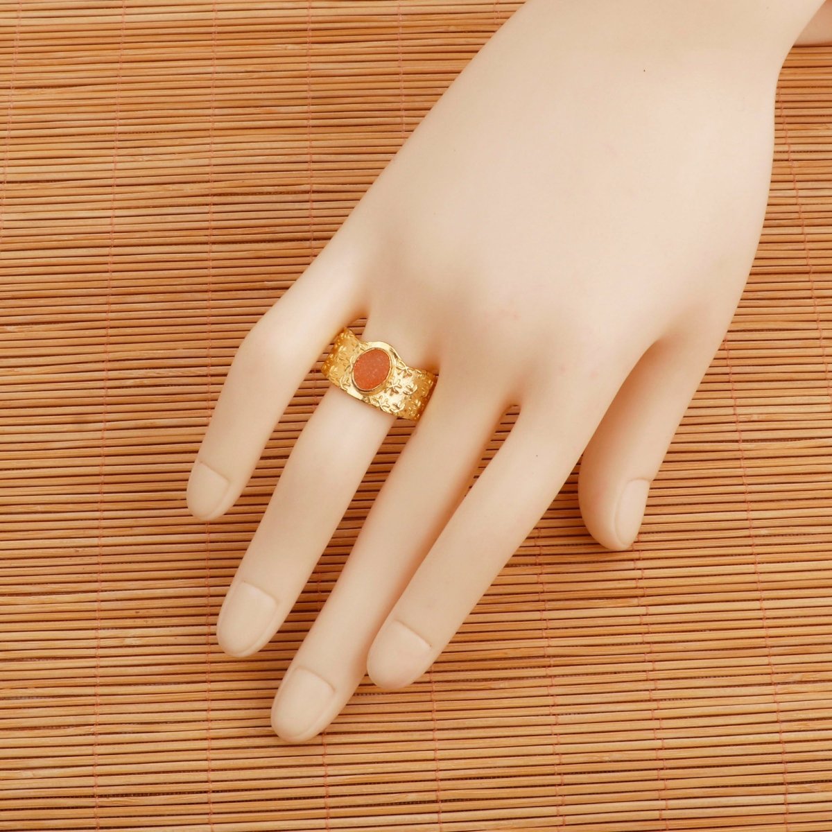 Amazonite Gemstone Textured Star Design Gold Plated Adjustable Ring