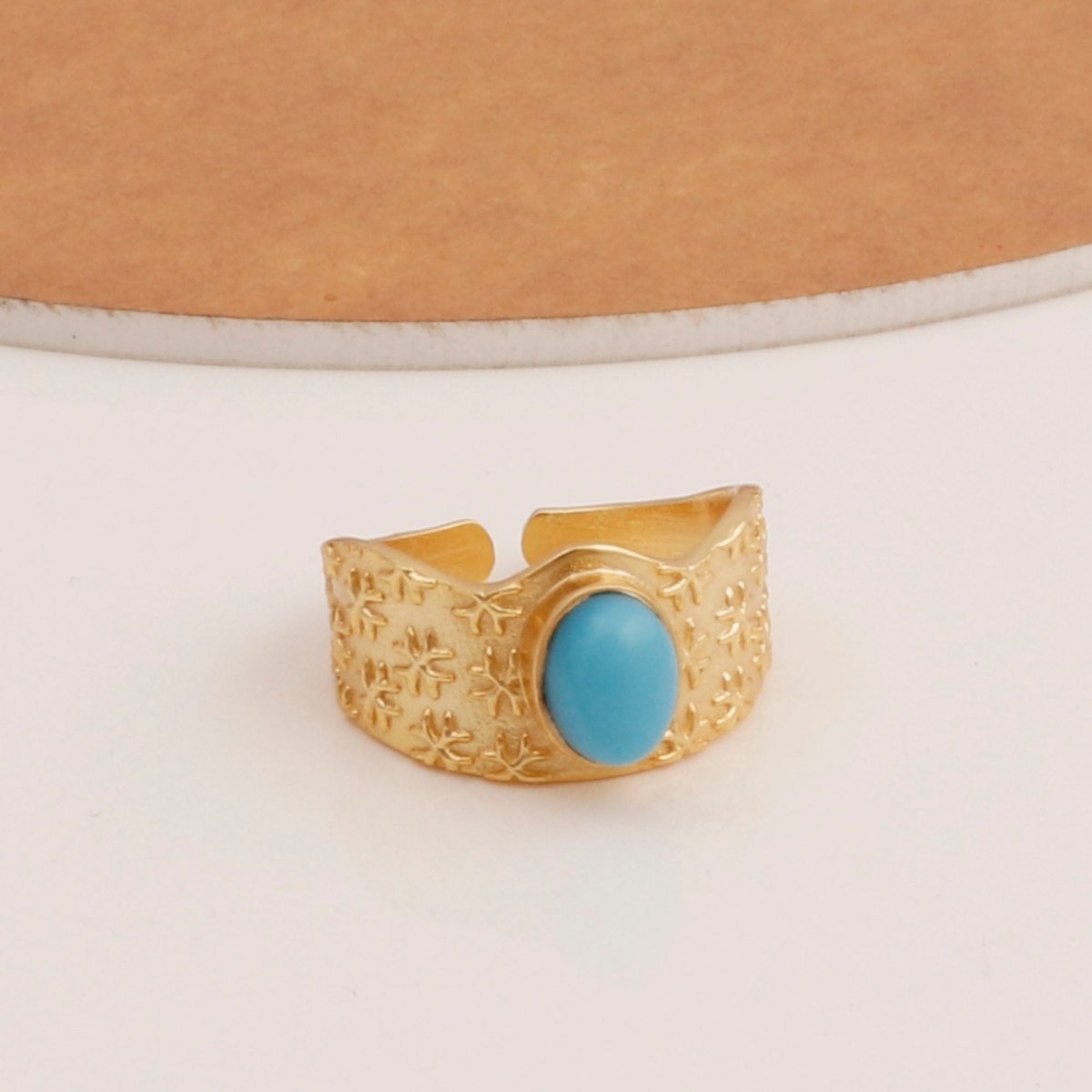 Amazonite Gemstone Textured Star Design Gold Plated Adjustable Ring